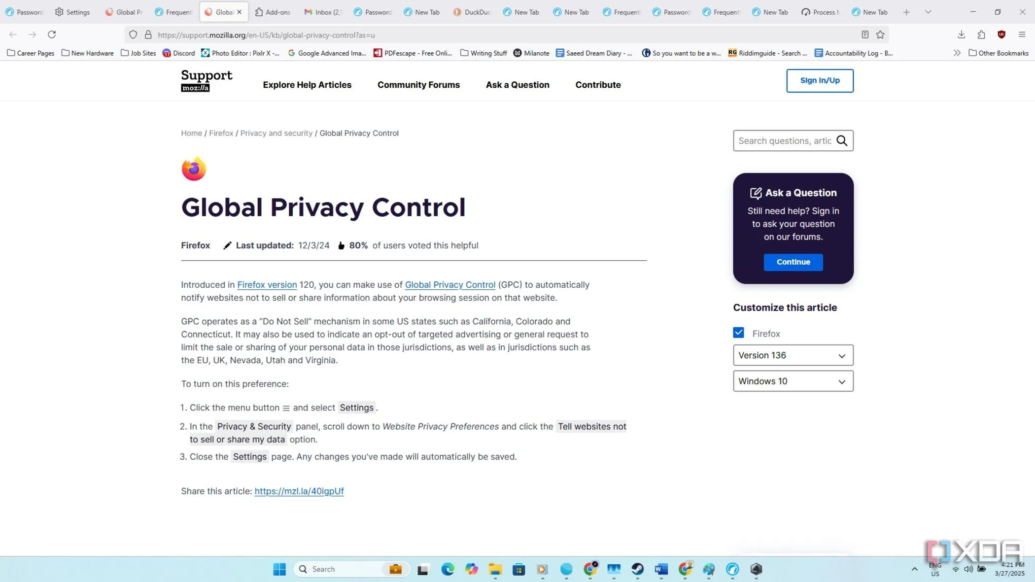 Ảnh chụp màn hình cài đặt &quot;Global Privacy Control&quot; trong LibreWolf, cho phép người dùng kiểm soát quyền riêng tư dữ liệu
