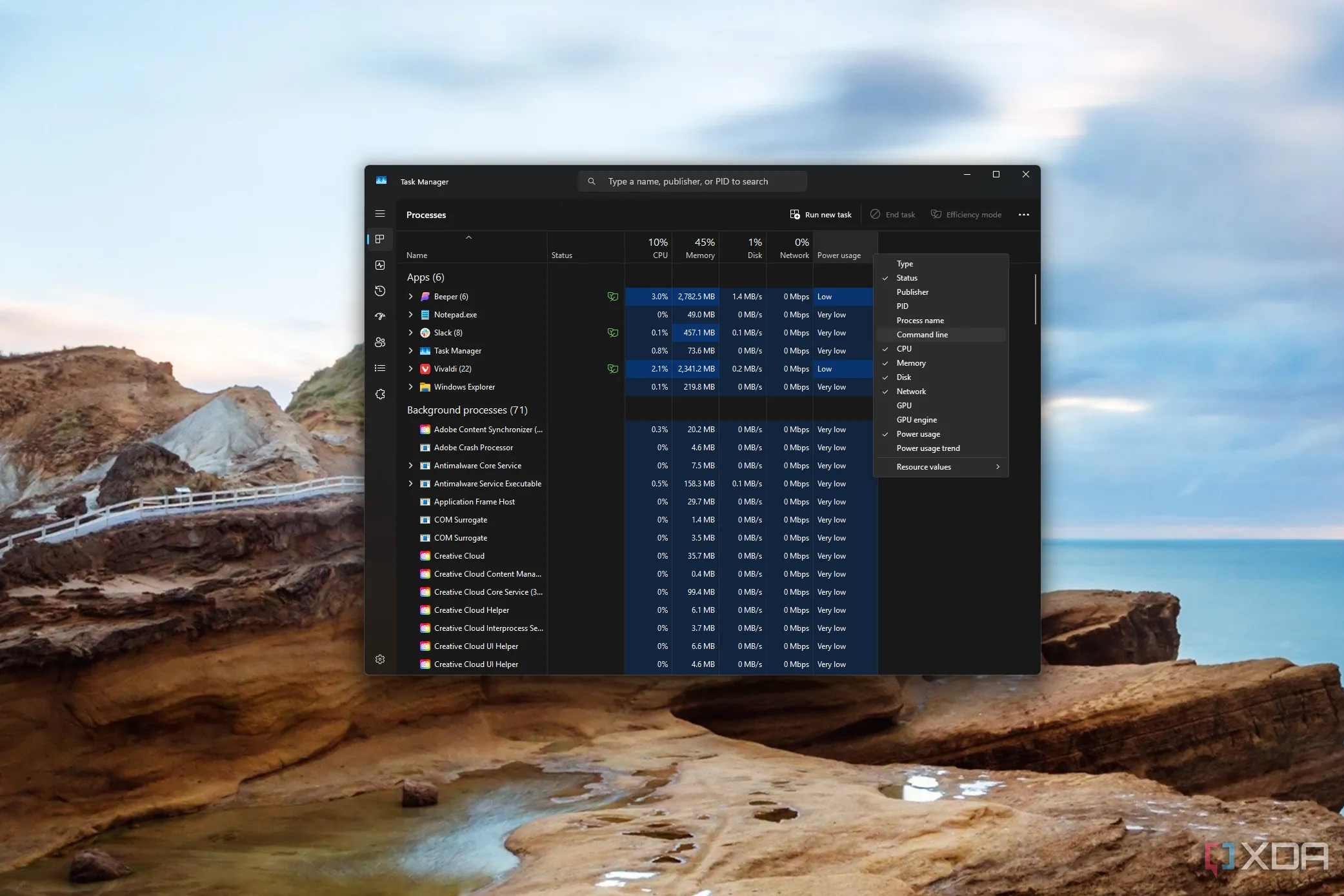 Ảnh chụp màn hình của Task Manager mặc định trên Windows, hiển thị tab Processes với menu ngữ cảnh để thêm các cột thông tin, minh họa khả năng tùy chỉnh cơ bản và nhu cầu về công cụ chuyên sâu hơn.