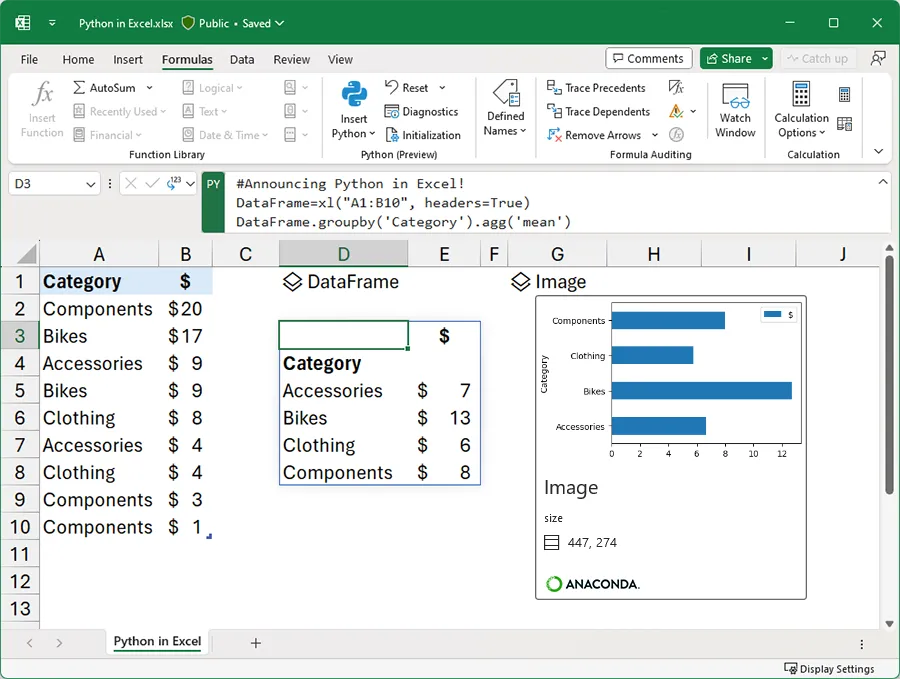 Ảnh chụp màn hình minh họa khả năng tích hợp và hỗ trợ Python trong Microsoft Excel, đặc biệt cho việc làm sạch dữ liệu.