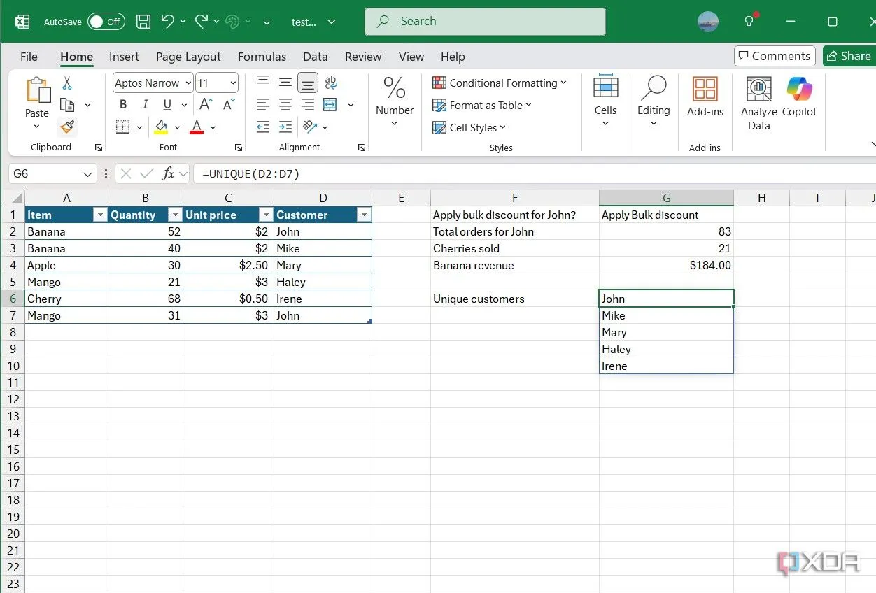Áp dụng hàm UNIQUE trong Excel để trích xuất danh sách các giá trị không trùng lặp từ một cột dữ liệu, ví dụ danh sách khách hàng duy nhất.