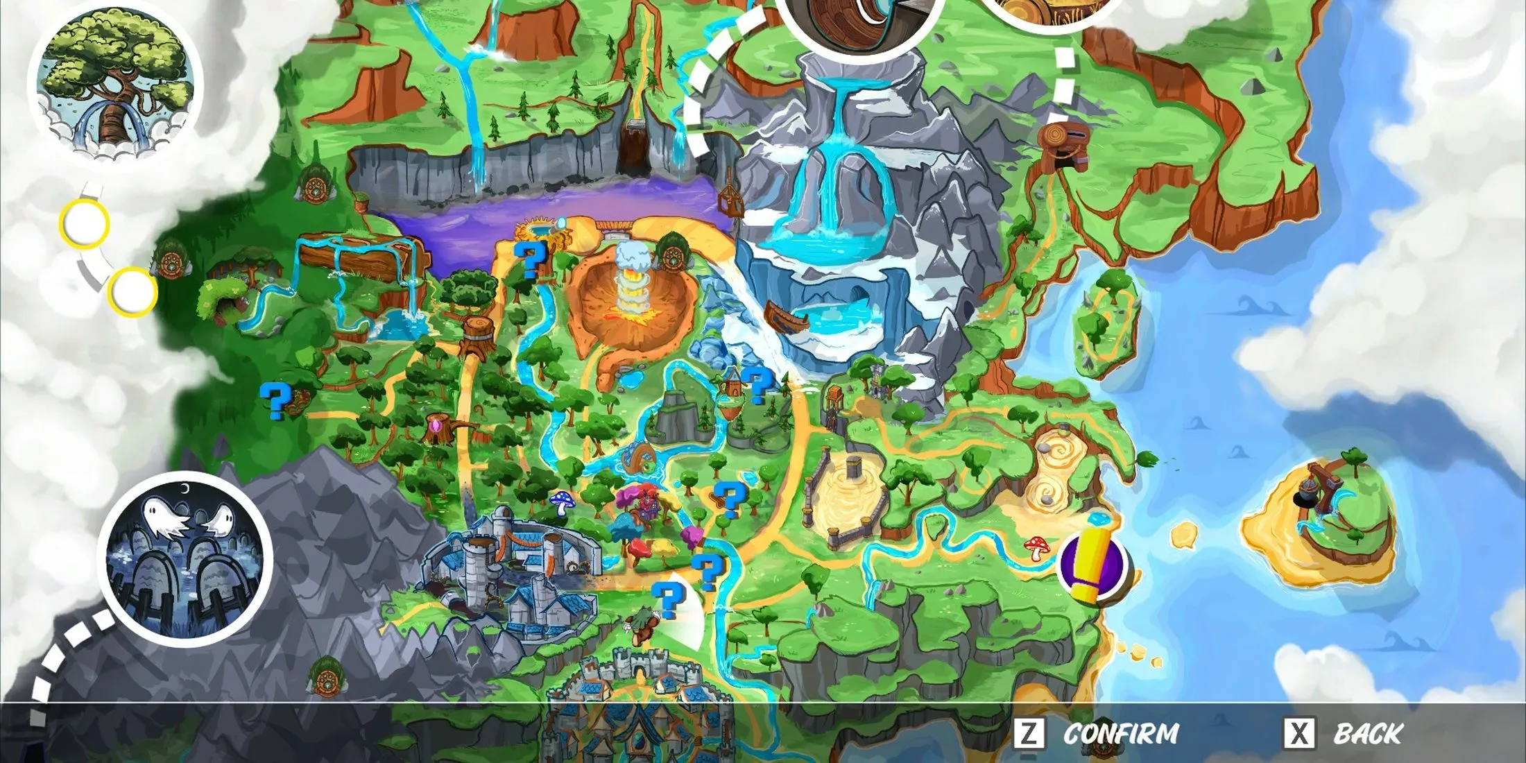 Bản đồ thế giới game Ruffy and the Riverside, hiển thị các khu vực đa dạng và rộng lớn.