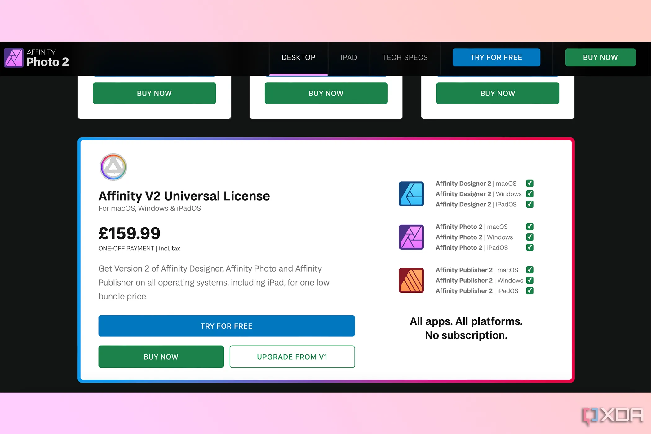 Bảng giá giấy phép vĩnh viễn (Universal License) của Affinity, cho thấy sự minh bạch và rõ ràng về chi phí bản quyền phần mềm độc quyền.