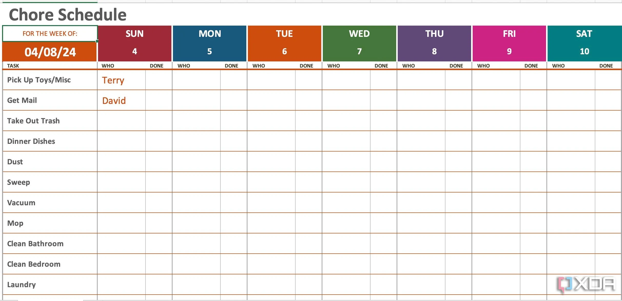 Bảng lịch trình việc nhà hàng tuần được thiết kế trong Excel, với các ô chọn trạng thái &quot;Done&quot;, &quot;Not Done&quot; và màu sắc hiển thị.