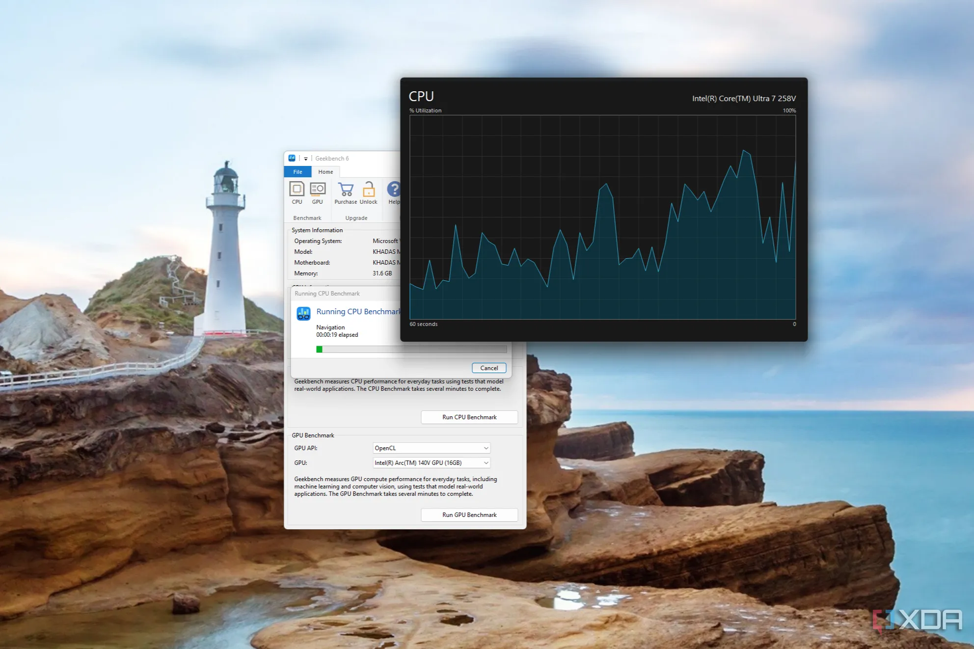 Biểu đồ sử dụng CPU trong Task Manager được phóng to, hiển thị cùng cửa sổ Geekbench khi chạy benchmark