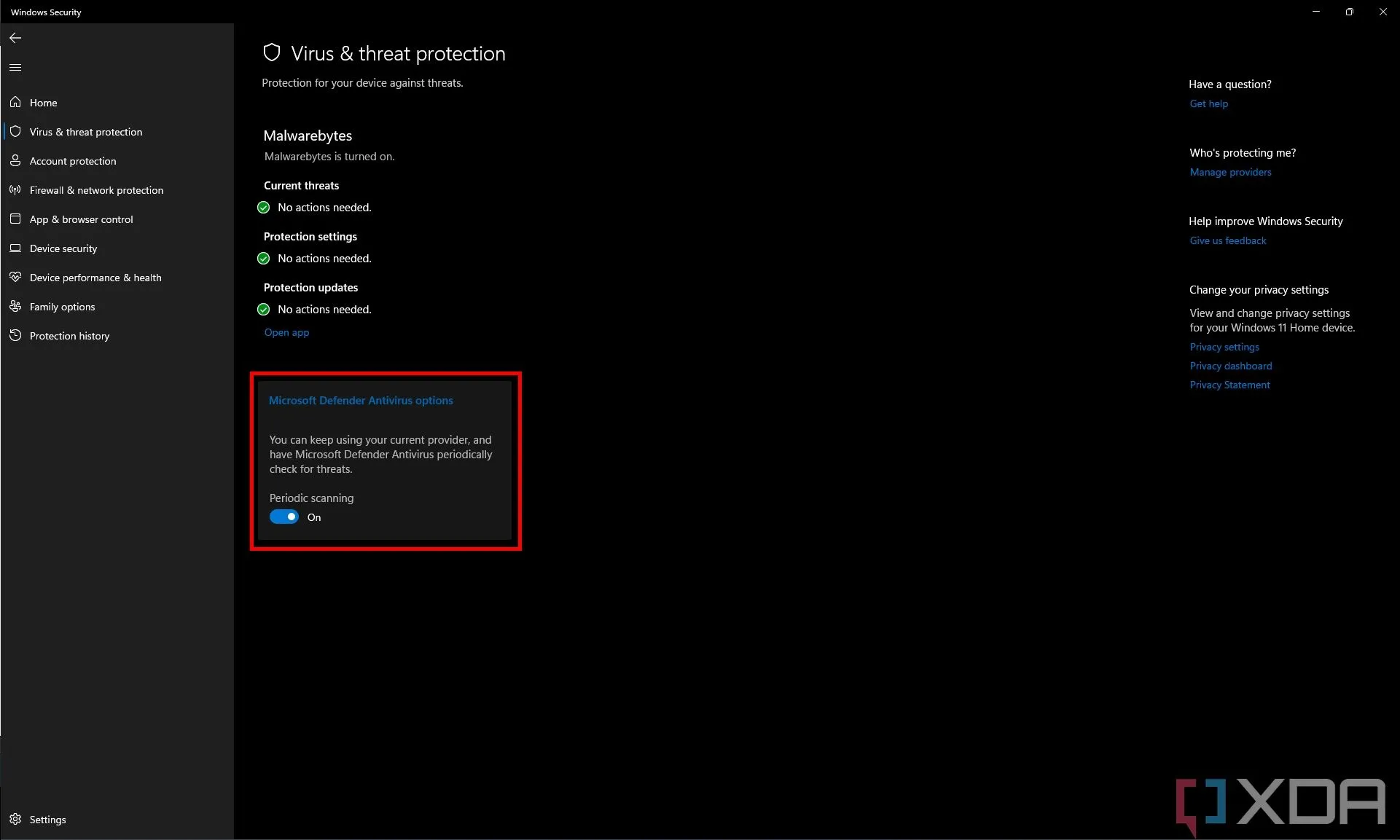 Cài đặt Bảo vệ khỏi mối đe dọa và virus của Microsoft Defender khi có phần mềm diệt virus khác, hiển thị tùy chọn quét định kỳ