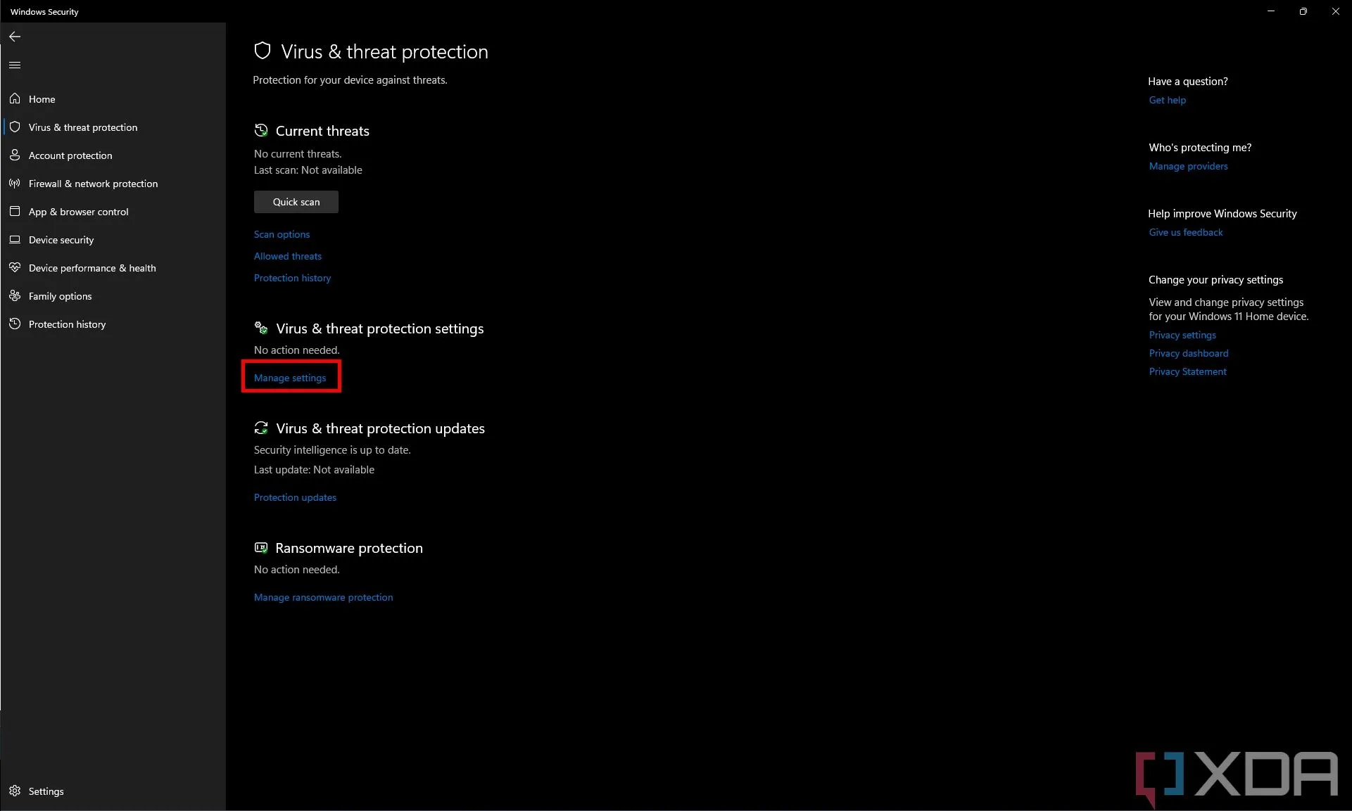 Cài đặt Bảo vệ khỏi mối đe dọa và virus trong Bảo mật Windows, làm nổi bật mục Quản lý cài đặt
