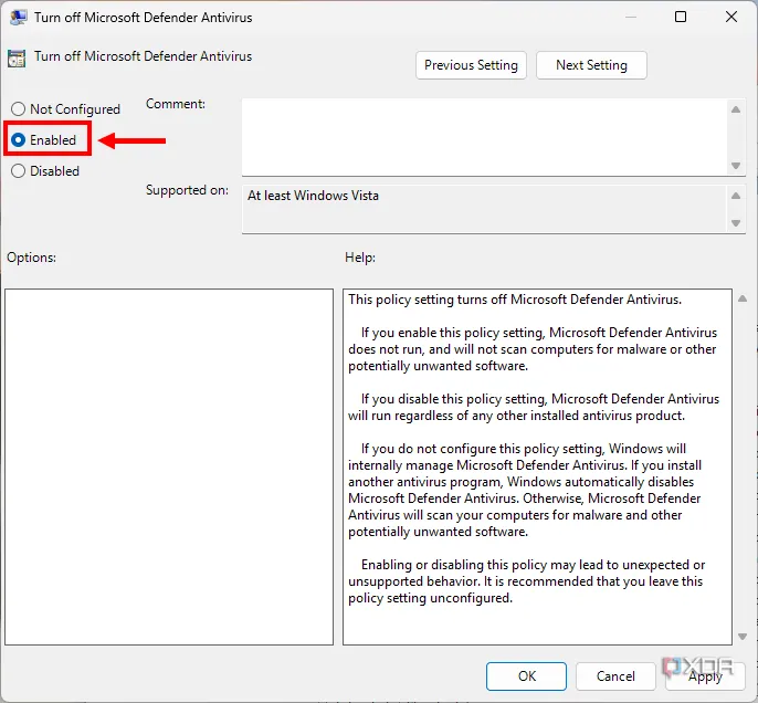 Cài đặt chính sách của Group Policy Editor được đặt thành Enabled để tắt Microsoft Defender