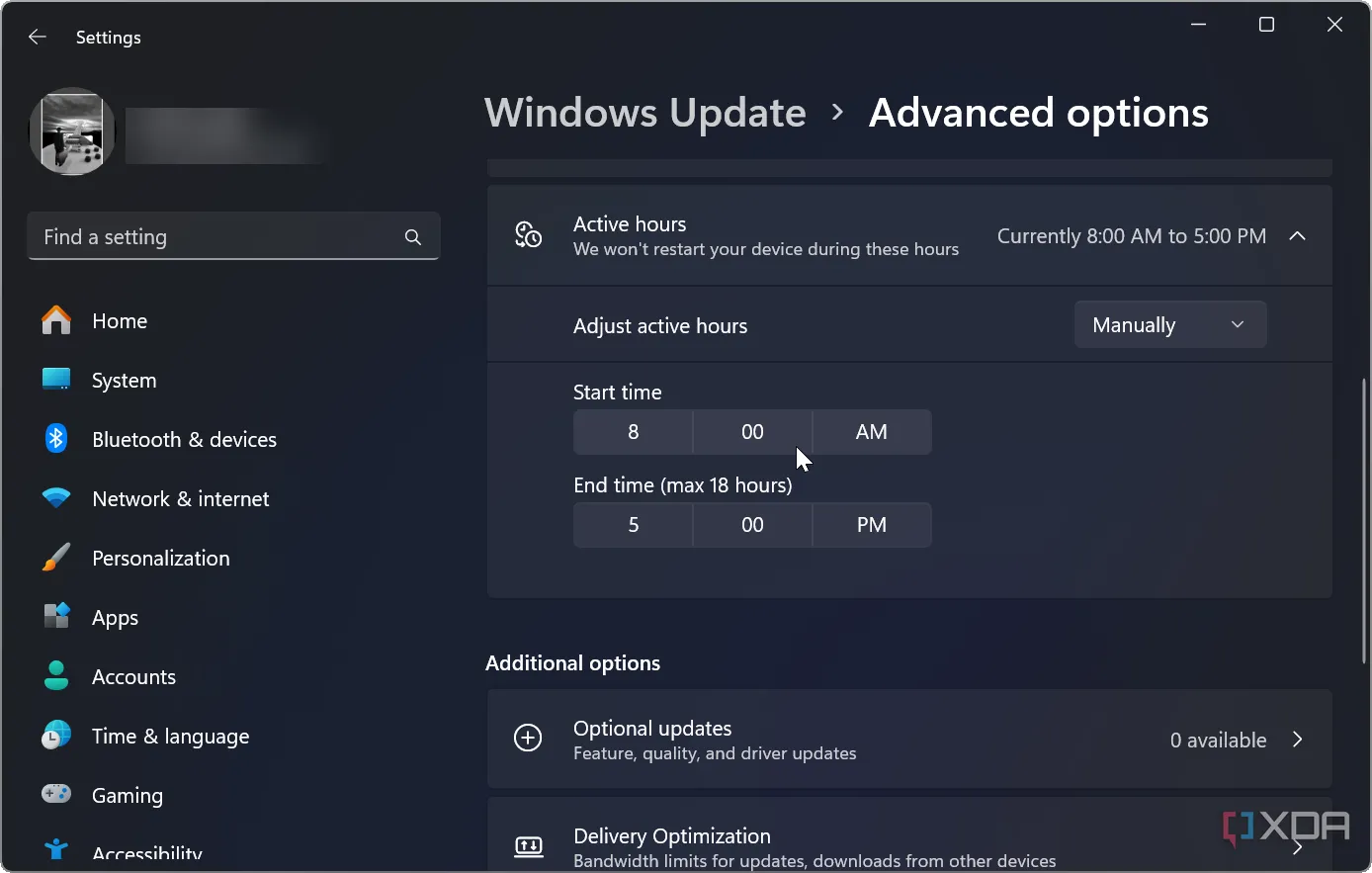 Cài đặt Giờ hoạt động (Active Hours) trên Windows 11, cho phép người dùng lên lịch cập nhật hệ thống để tránh gián đoạn công việc.