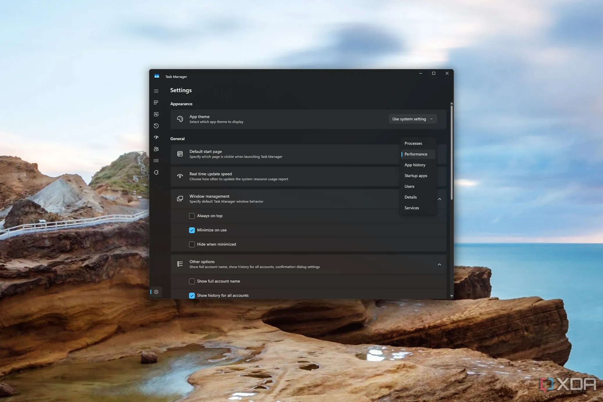Cài đặt Task Manager trên Windows 11 hiển thị tùy chọn thay đổi trang khởi động mặc định