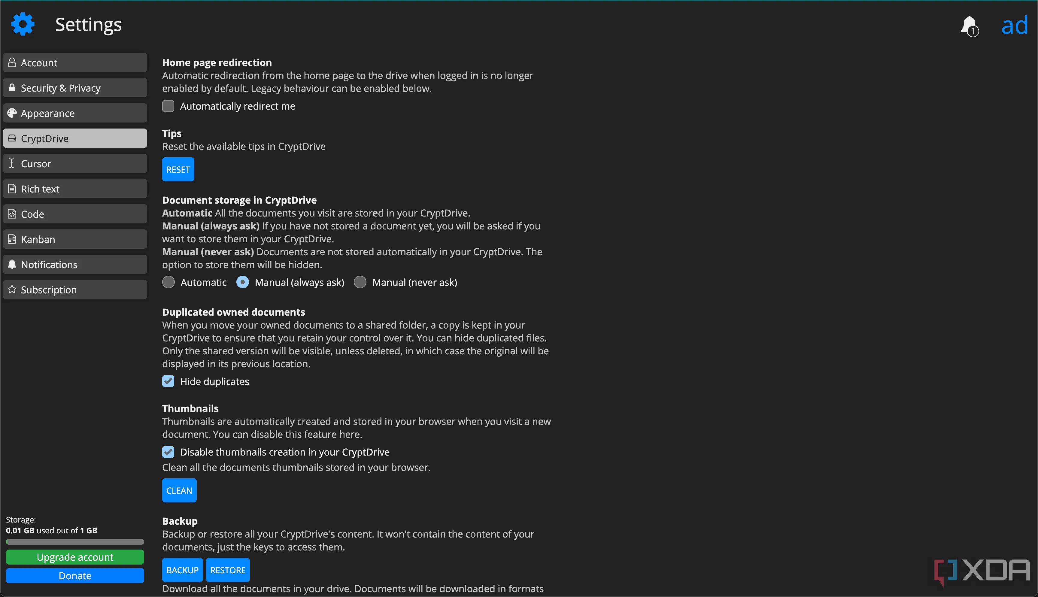 Cài đặt tùy chỉnh của CryptPad giúp người dùng dễ dàng sử dụng.