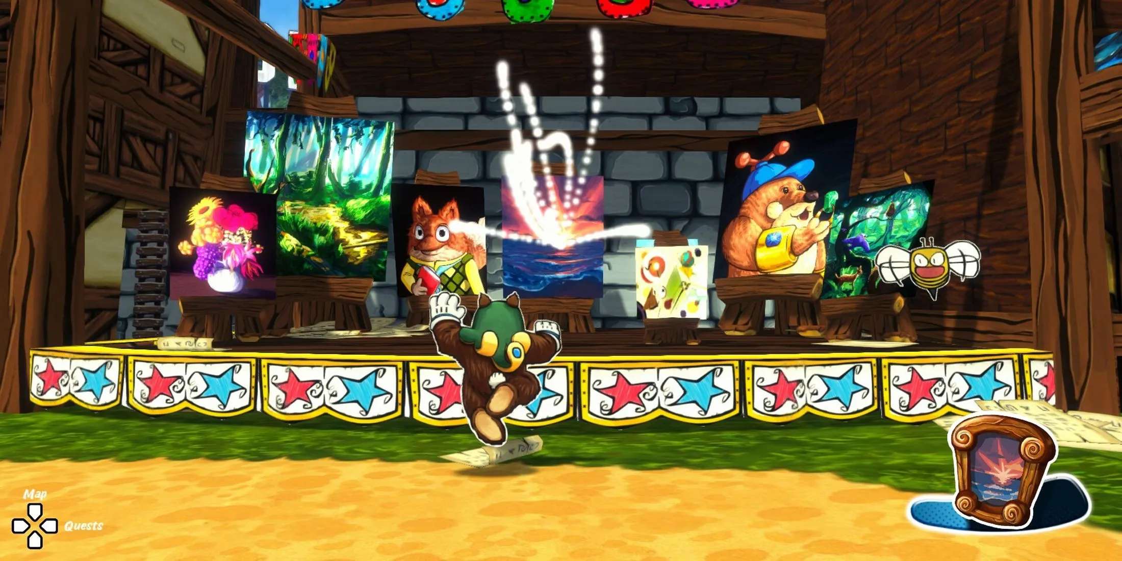 Cảnh Ruffy tham gia mini-game Bale Trick trong Ruffy and the Riverside, thể hiện sự đa dạng gameplay.