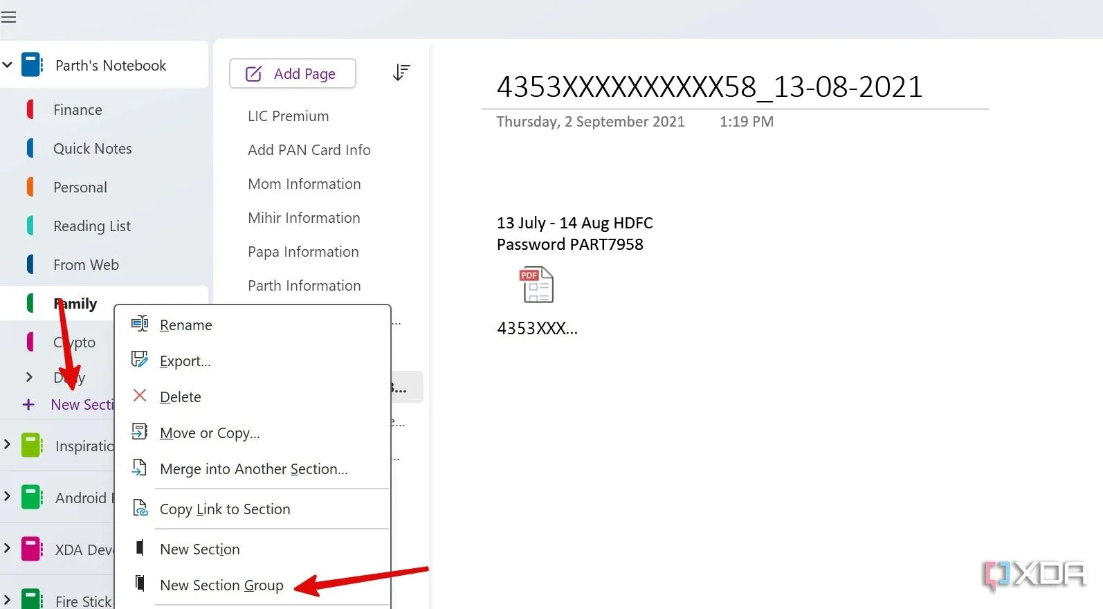 Cấu trúc sổ tay OneNote với các phần (Sections) và nhóm phần (Section Groups) mới tạo.