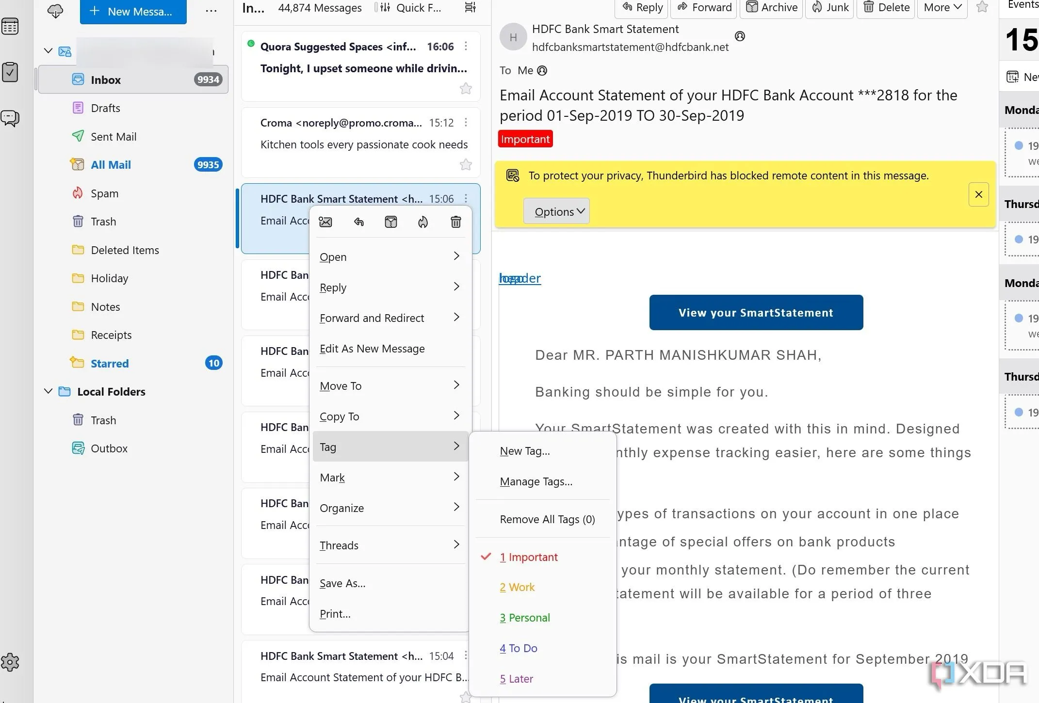 Chế độ xem email trong Thunderbird với các thẻ màu sắc khác nhau được áp dụng cho từng thư, giúp dễ dàng phân loại.