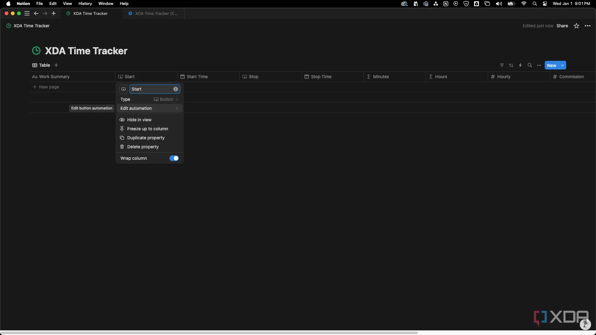 Chọn 'Edit automation' từ thuộc tính Start trong Notion để thiết lập tự động hóa