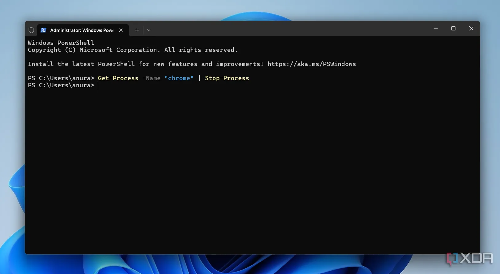 Chụp màn hình PowerShell minh họa việc sử dụng lệnh Stop-Process để kết thúc một tác vụ