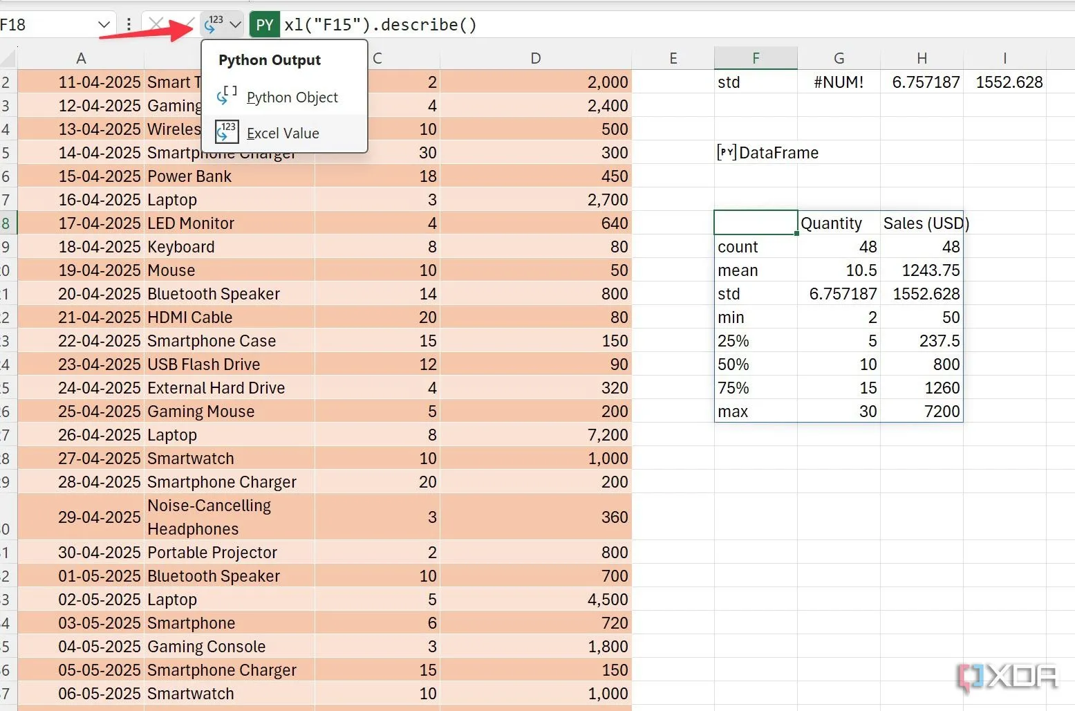 Chuyển đổi đối tượng Python sang giá trị Excel từ menu thả xuống