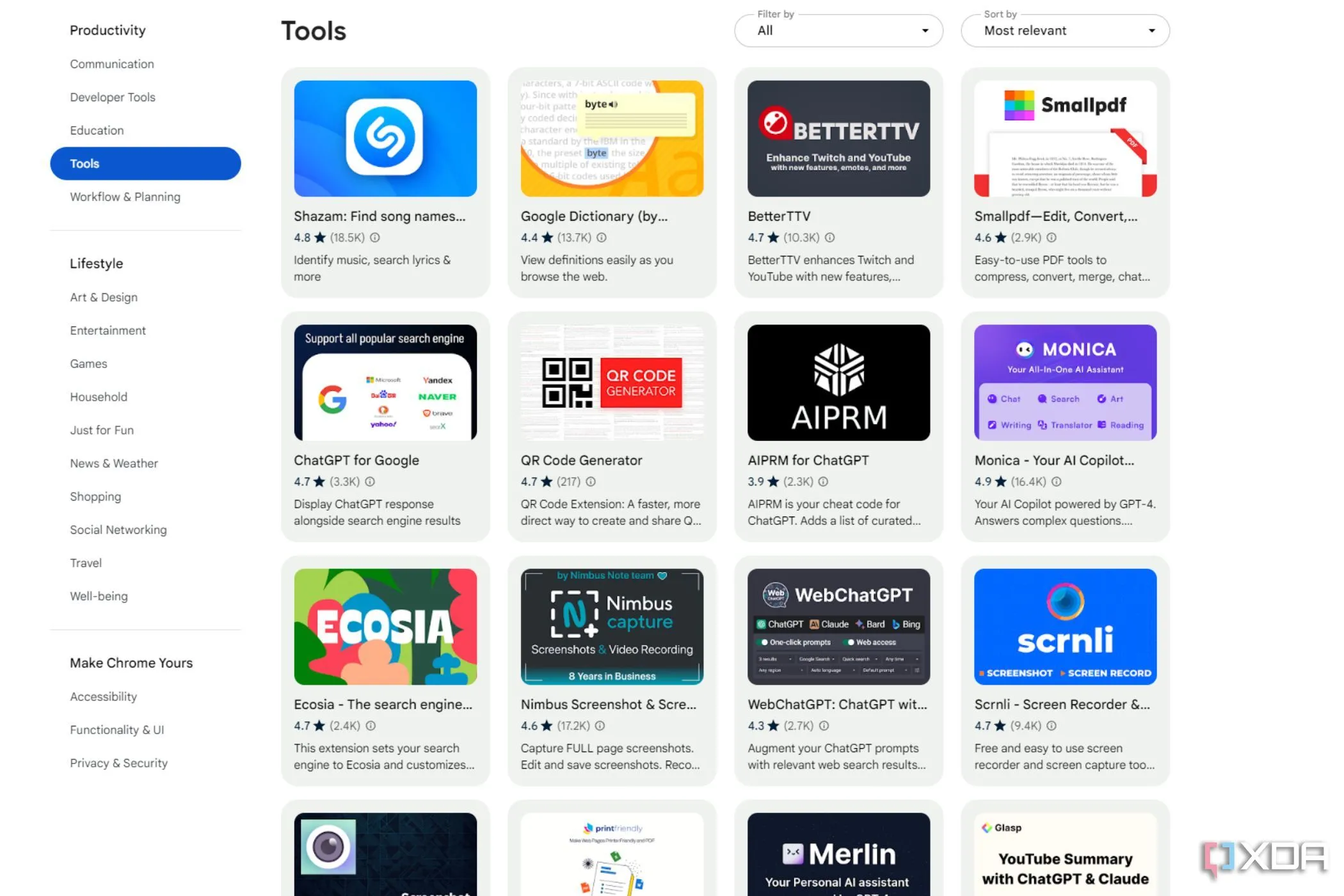 Cửa hàng Chrome Web Store hiển thị danh sách các tiện ích mở rộng phổ biến