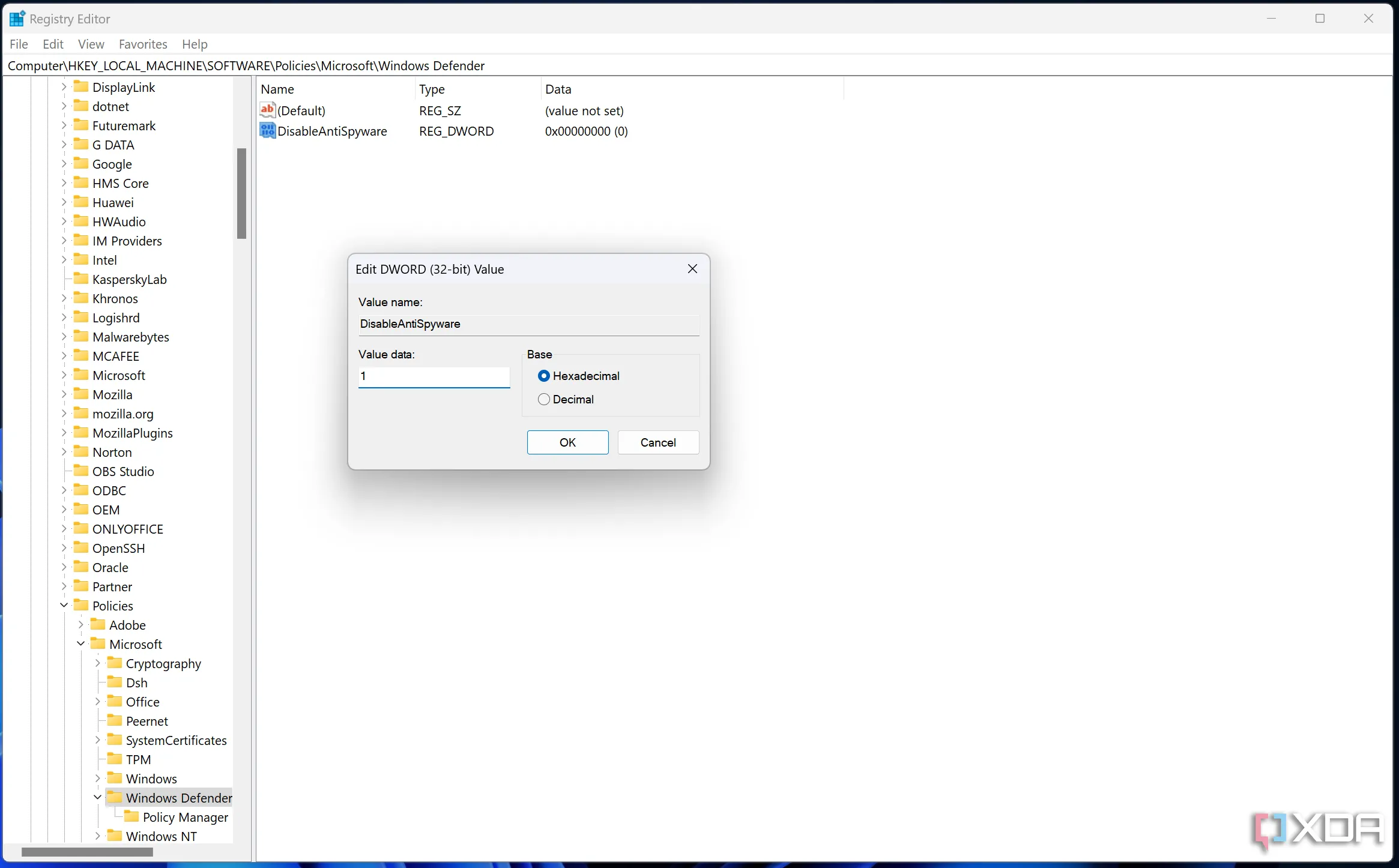 Cửa sổ chỉnh sửa giá trị DisableAntiSpyware trong Registry Editor, đặt dữ liệu là 1