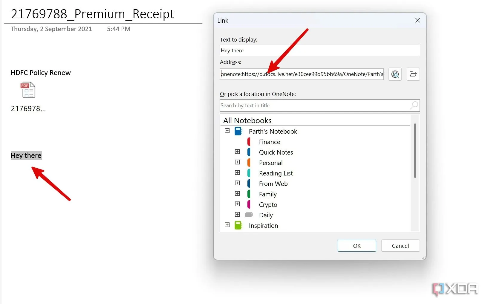 Cửa sổ chỉnh sửa liên kết trong OneNote, cho phép dán URL và hiển thị văn bản.