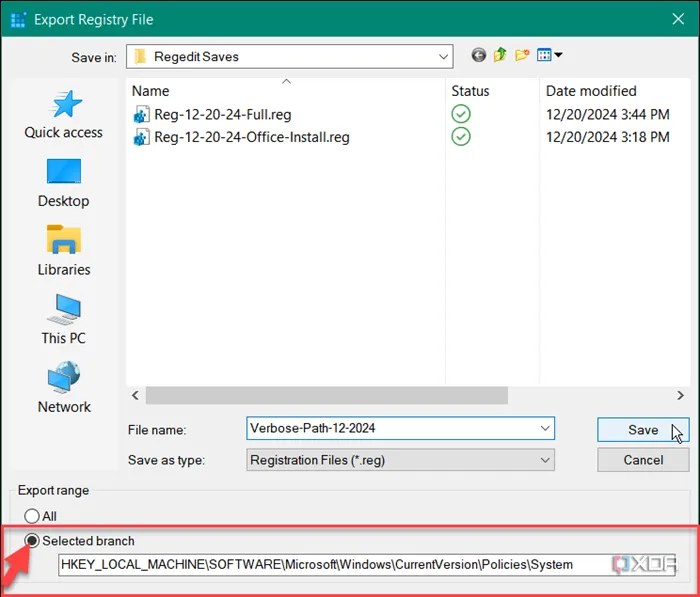 Cửa sổ Export Registry File với tùy chọn &quot;Selected branch&quot; được chọn để sao lưu chỉ một nhánh Registry cụ thể