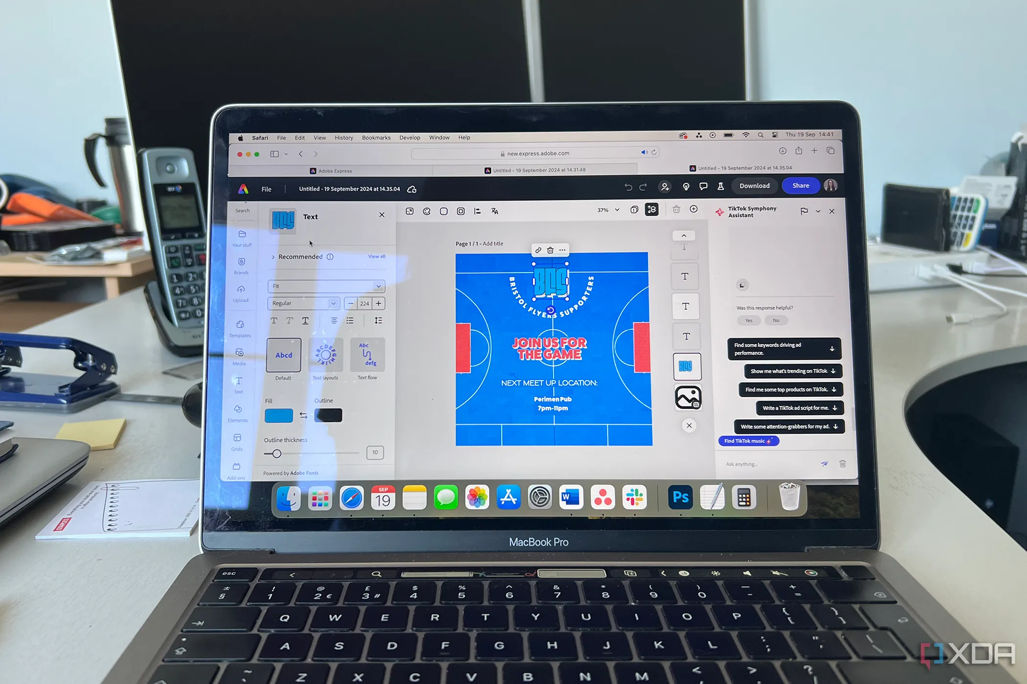 Giao diện Adobe Express Teams trên MacBook Pro trong môi trường văn phòng, minh họa lợi ích của tài khoản doanh nghiệp và tối ưu hóa quy trình làm việc cho nhóm.