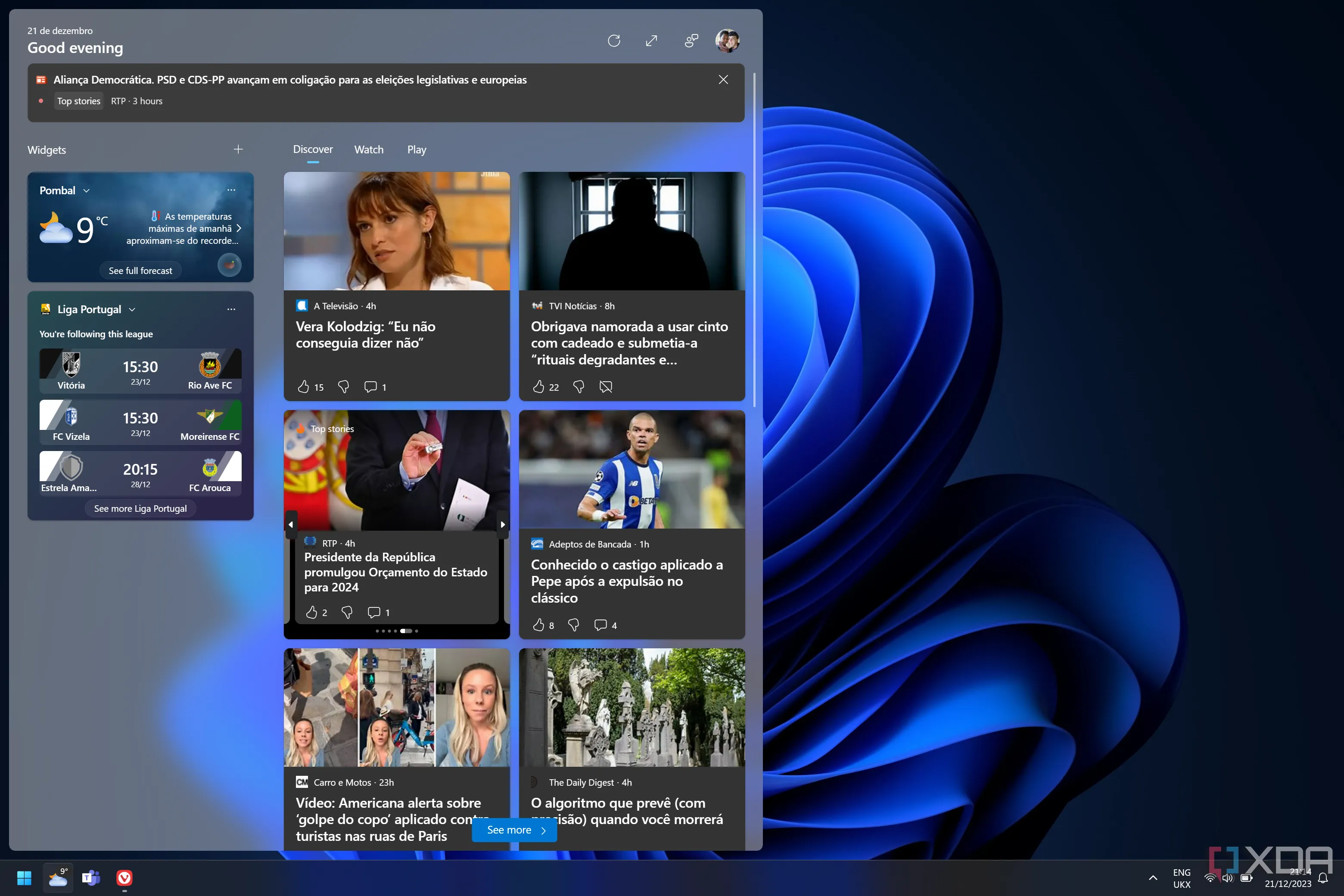Giao diện bảng Widget trên Windows 11 hiển thị tin tức và thông tin