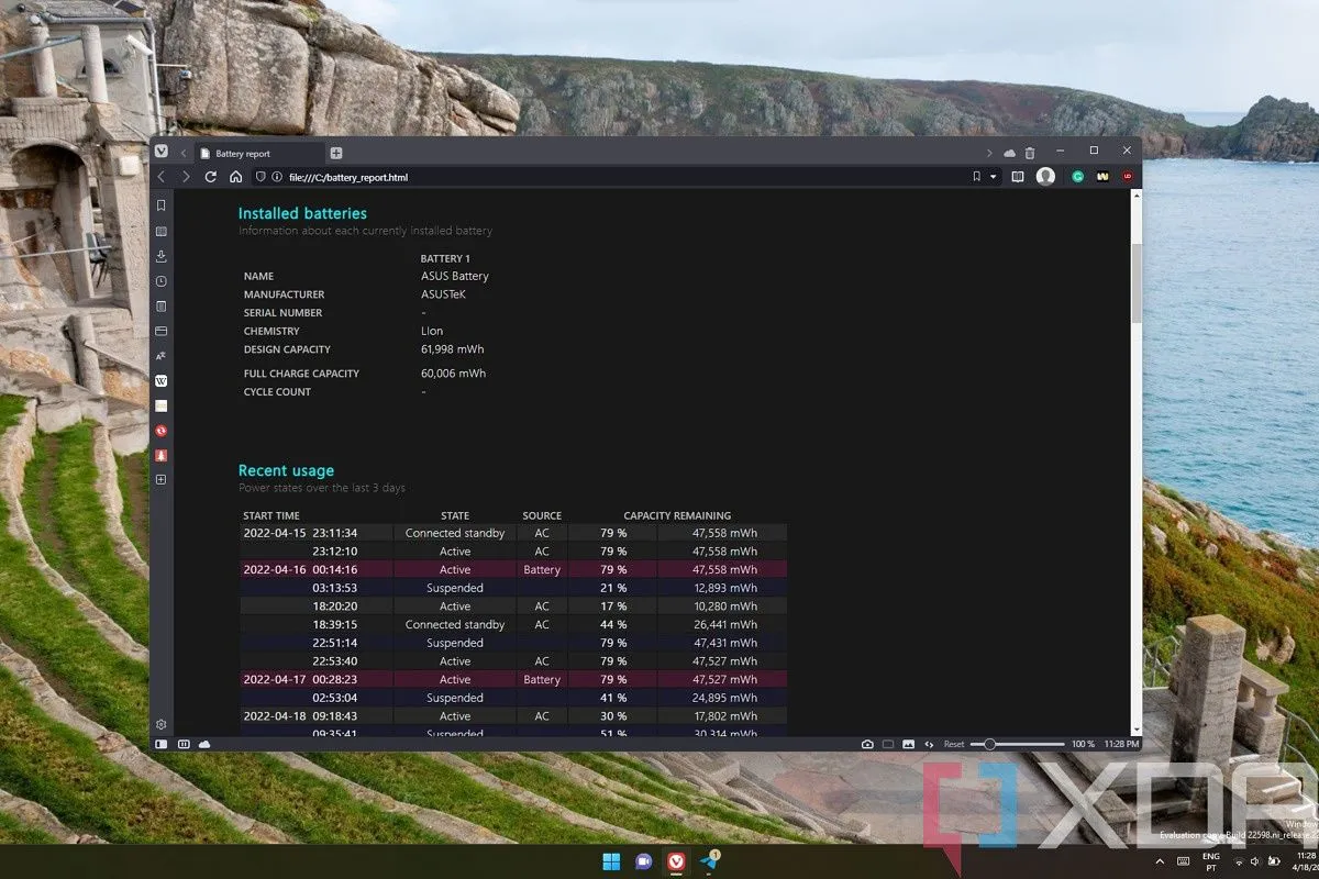 Giao diện báo cáo tình trạng pin chi tiết trên Windows 11 được tạo từ PowerShell