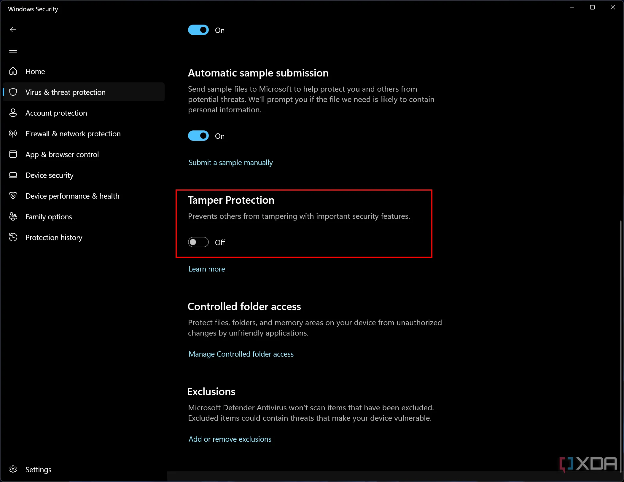 Giao diện cài đặt Bảo mật Windows cho thấy tùy chọn Chống giả mạo (Tamper Protection) đã được tắt