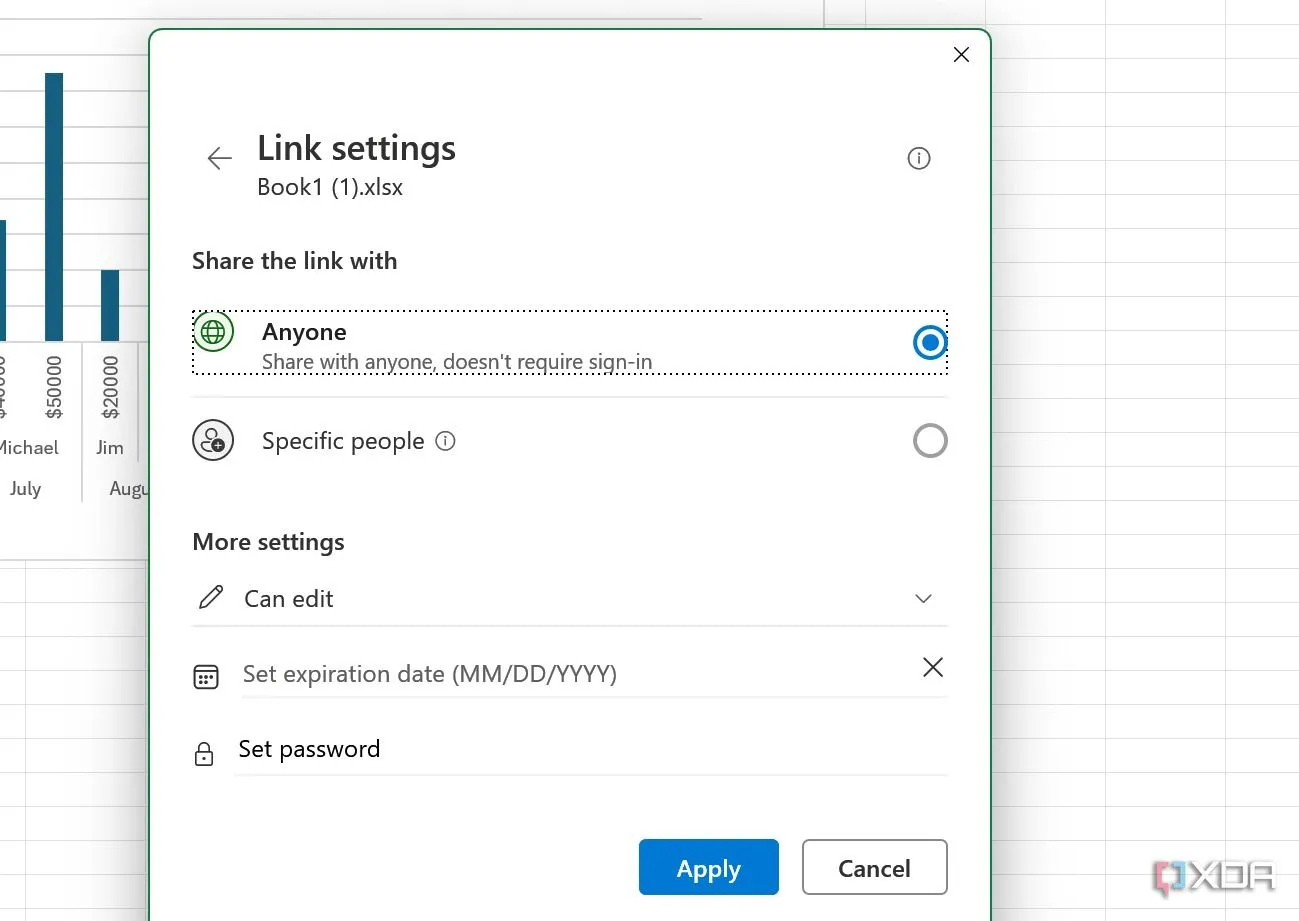 Giao diện cài đặt chia sẻ tệp Excel trên OneDrive, với các tùy chọn đặt mật khẩu và ngày hết hạn cho liên kết.