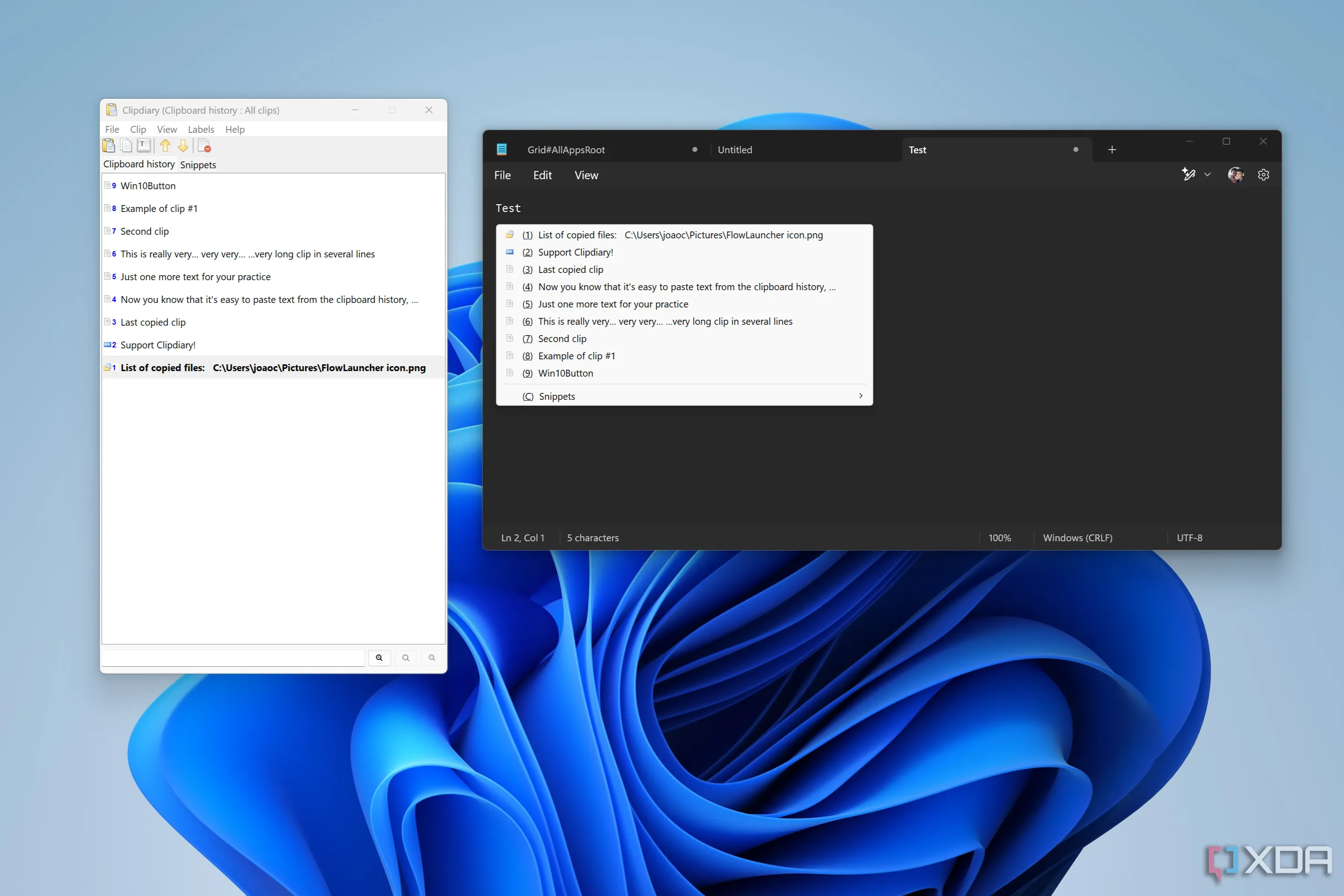 Giao diện Clipdiary hiển thị các tùy chọn dán và ghi chú trong Notepad.
