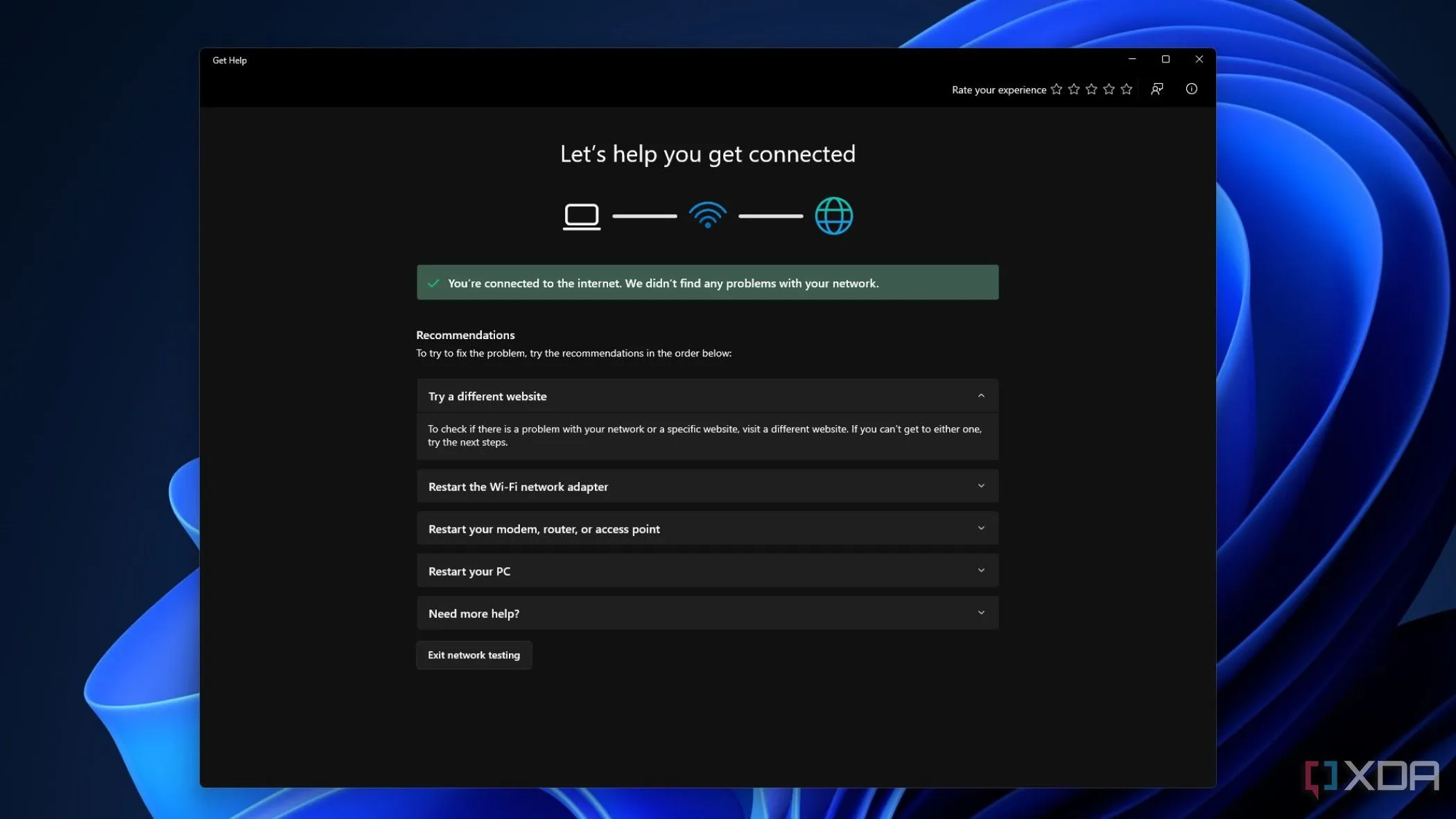 Giao diện công cụ khắc phục sự cố Mạng và Internet của Windows, hiển thị các đề xuất tự động để giải quyết các vấn đề kết nối.