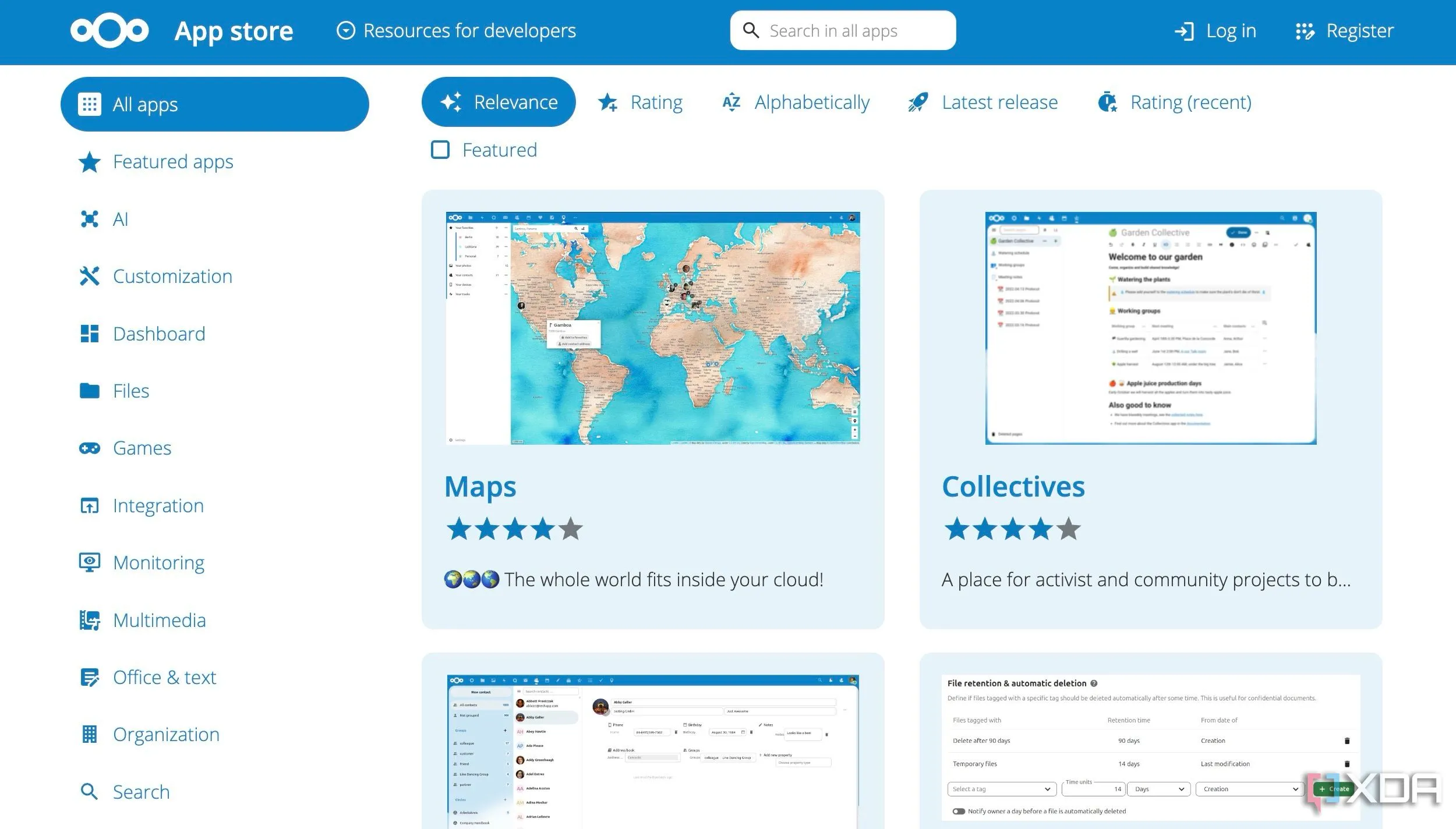 Giao diện dashboard Nextcloud với kho ứng dụng