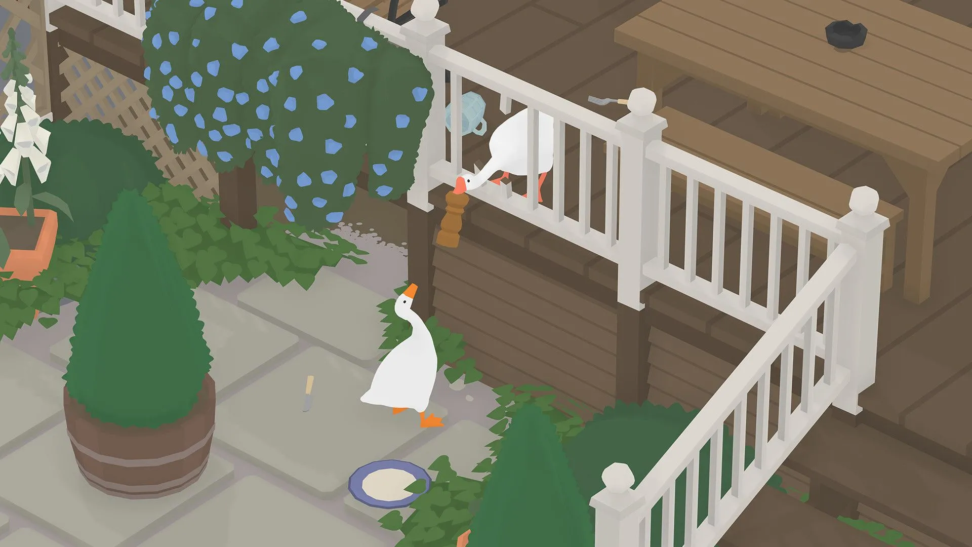 Giao diện game Untitled Goose Game, một ví dụ về game co-op phù hợp cho người mới làm quen với các yếu tố như mini-map.