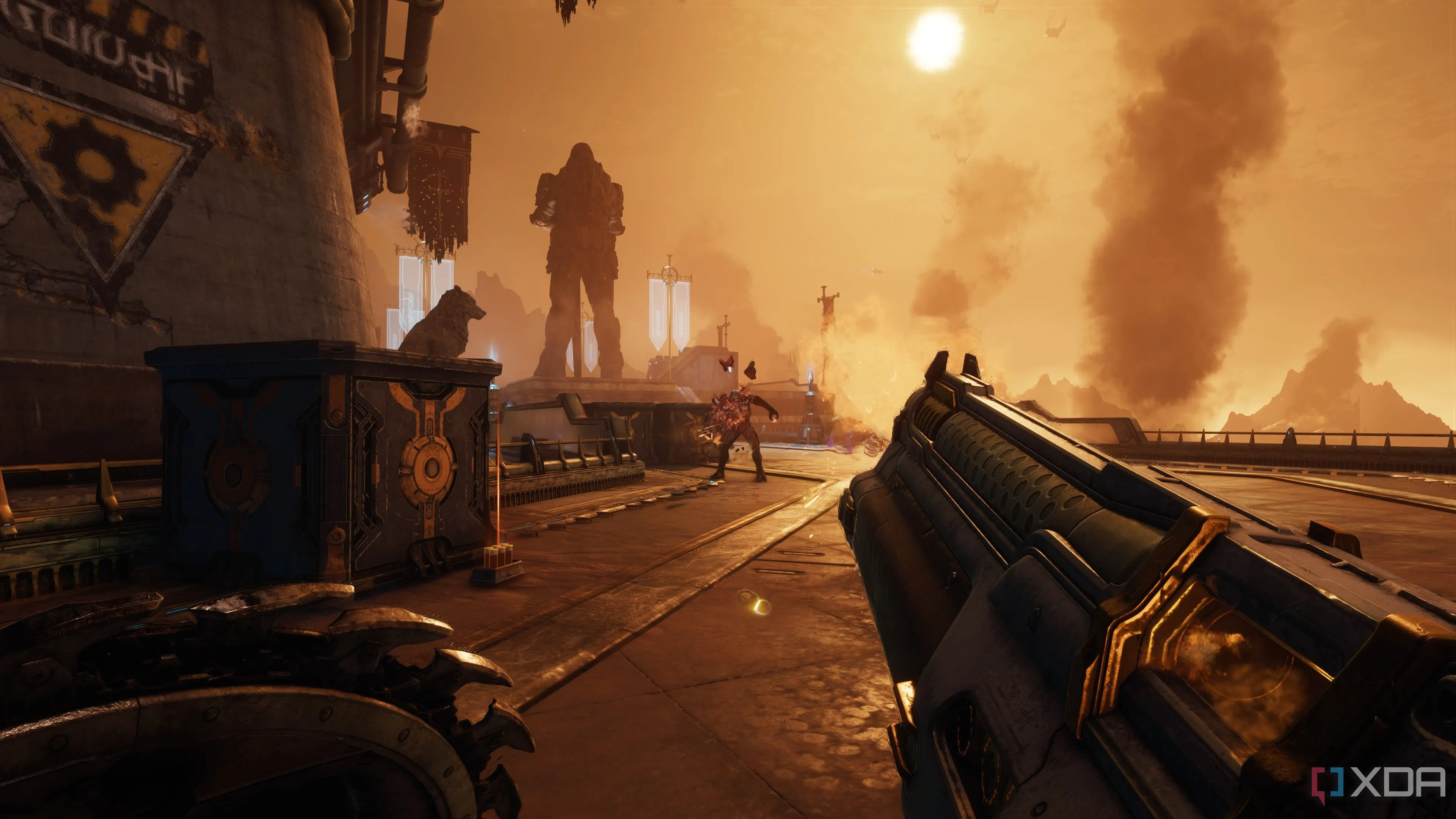 Giao diện gameplay Doom The Dark Ages với hiệu ứng ánh sáng và môi trường chiến đấu chân thực, cho thấy yêu cầu đồ họa cao