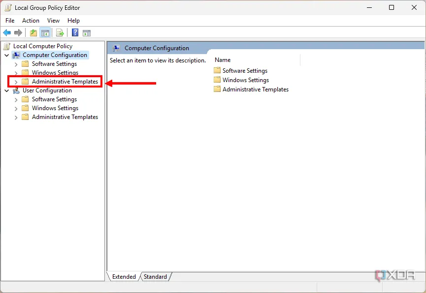 Giao diện Group Policy Editor với mục Administrative Templates được làm nổi bật