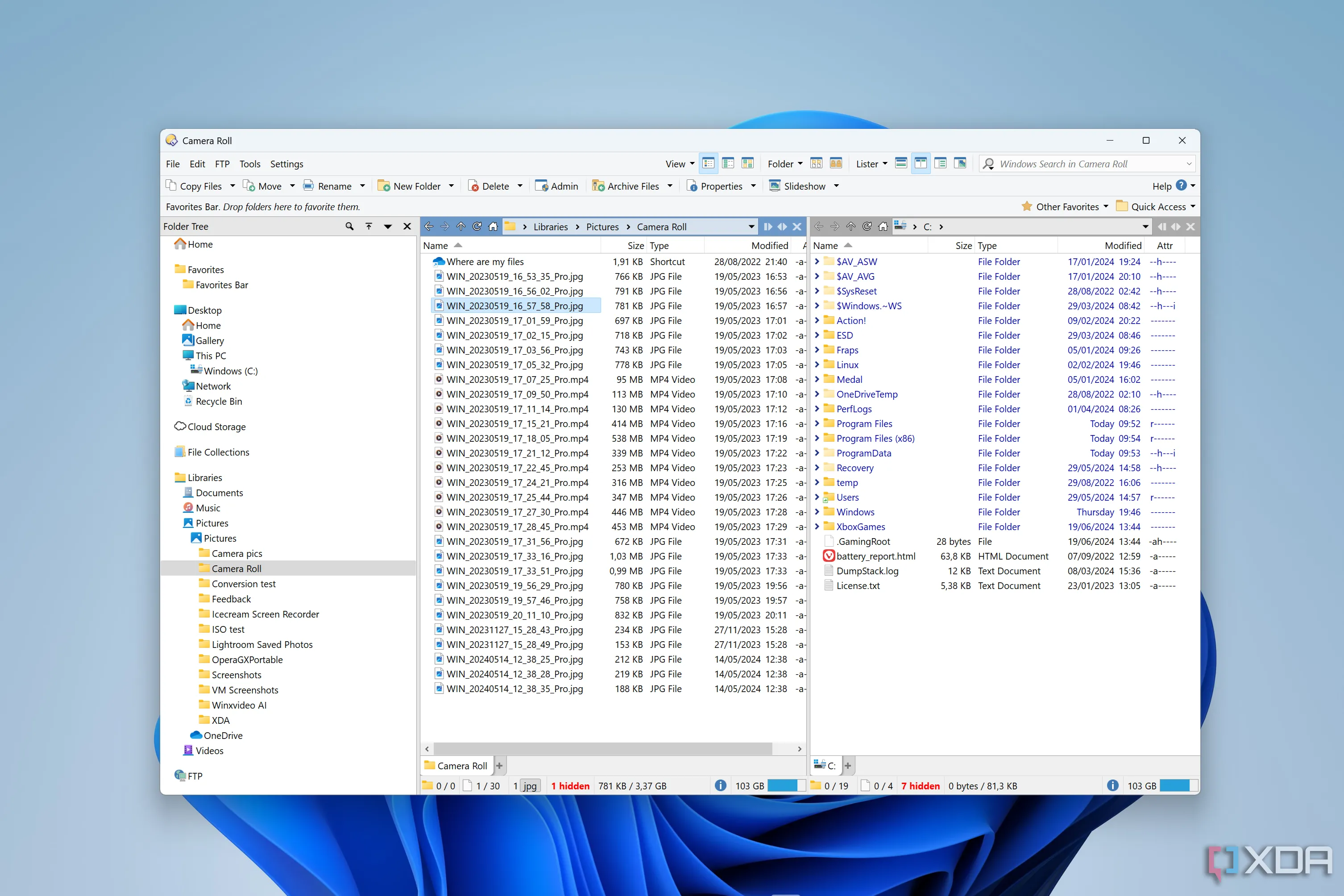 Giao diện hai khung của Directory Opus trên Windows 11, hiển thị hai thư mục song song
