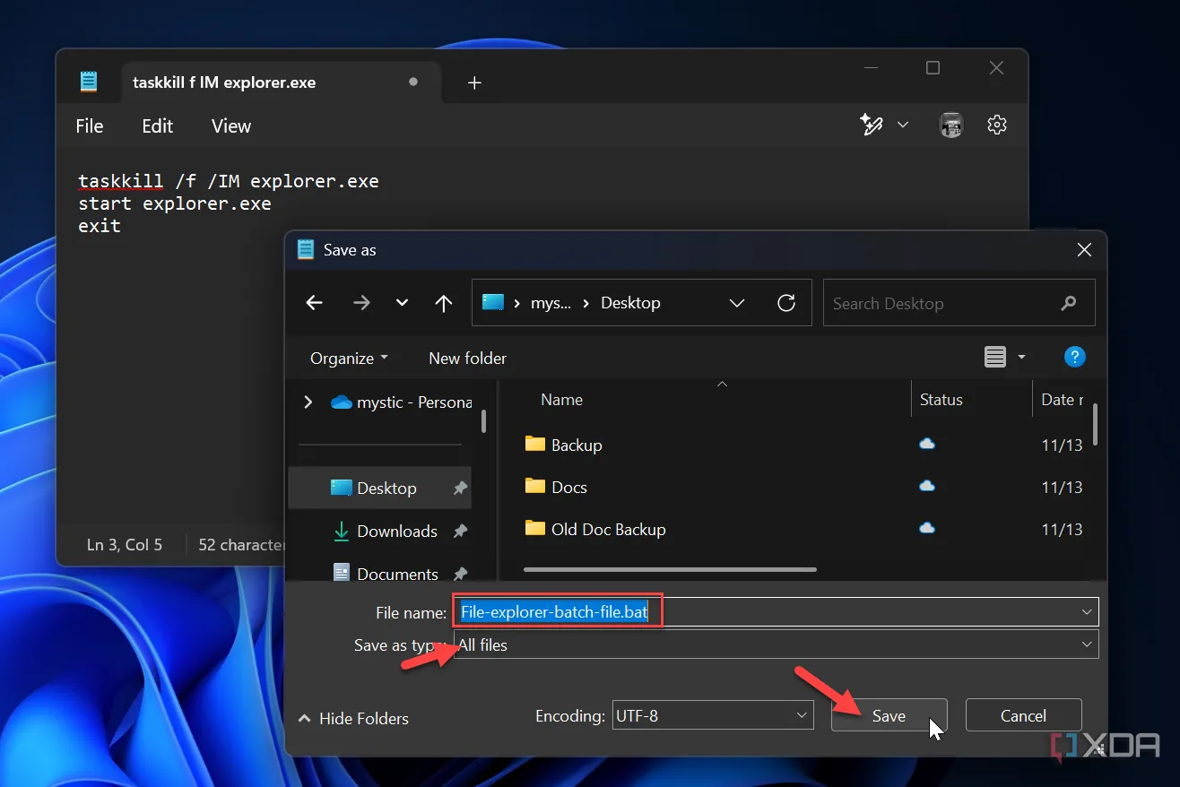 Giao diện hộp thoại &quot;Save As&quot; trong Notepad khi lưu một file .bat để khởi động lại File Explorer, minh họa quy trình tạo file batch.