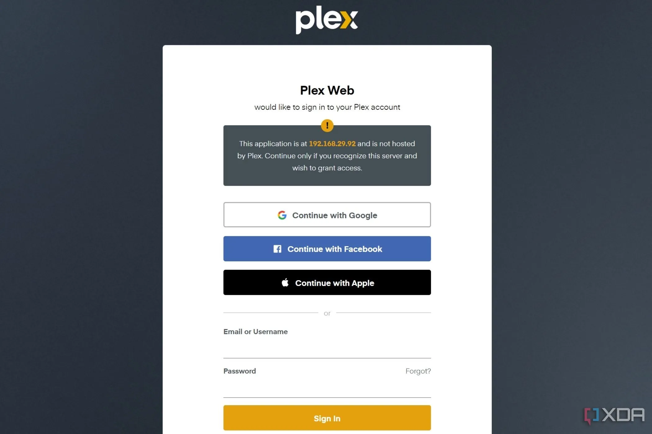 Giao diện màn hình đăng nhập tài khoản trên nền tảng web của Plex