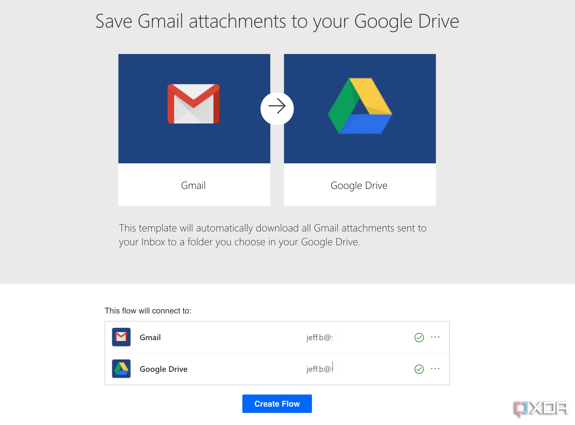 Giao diện Microsoft Power Automate với luồng tự động lưu tệp đính kèm Gmail