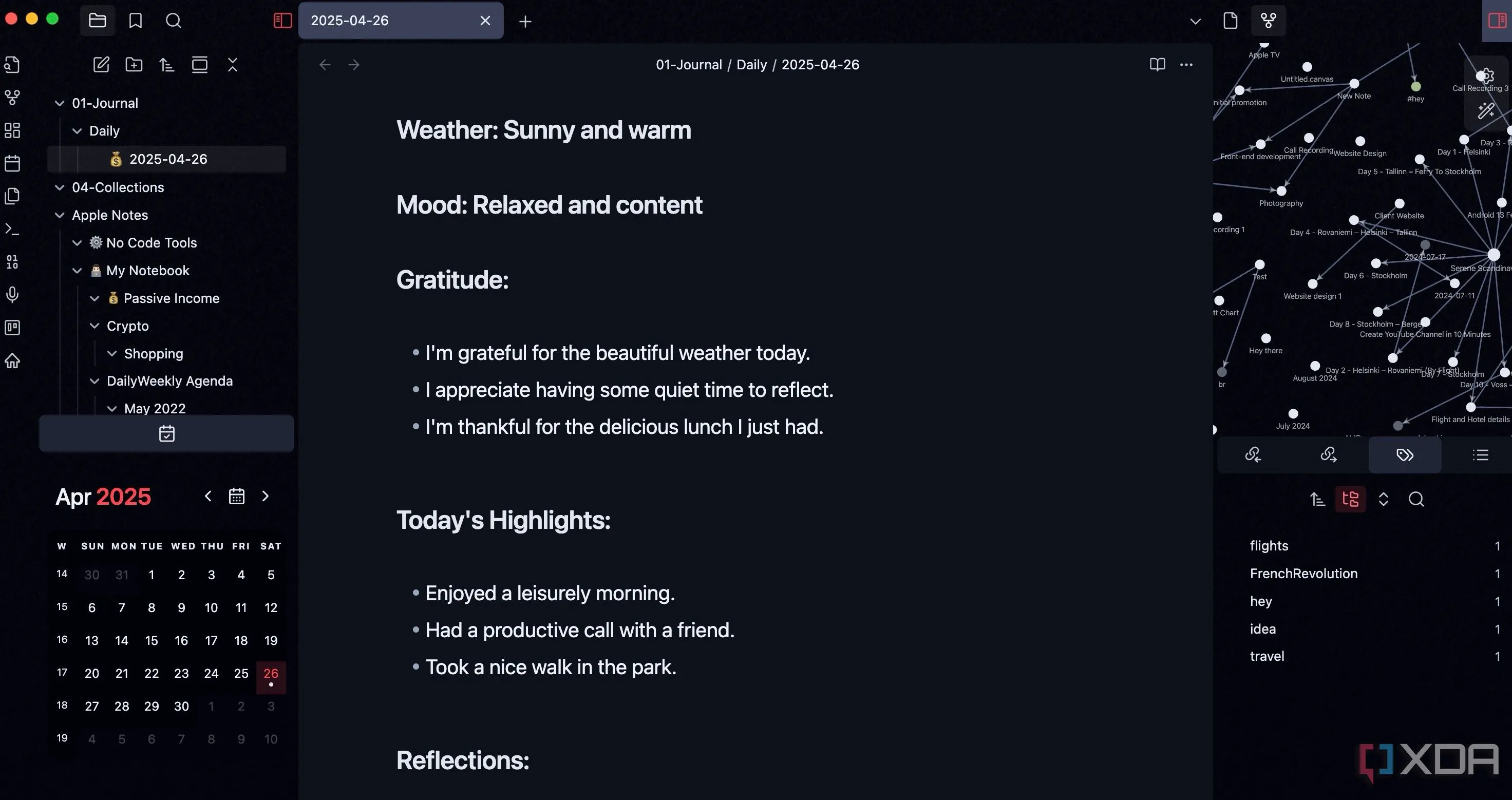 Giao diện Obsidian với plugin Calendar hiển thị các ghi chú hàng ngày trên lịch.