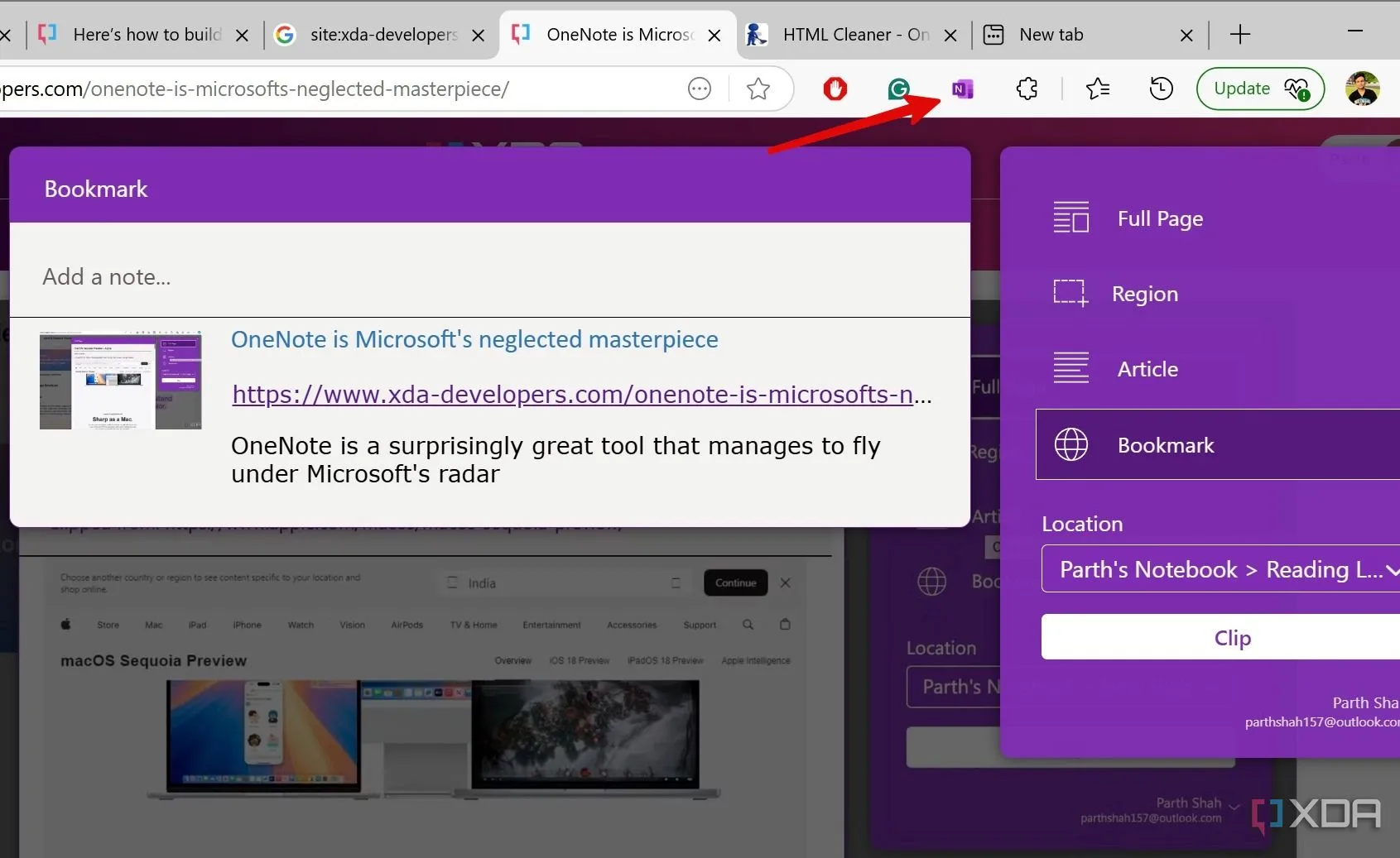 Giao diện OneNote Web Clipper đang thu thập nội dung một trang web để lưu vào OneNote.