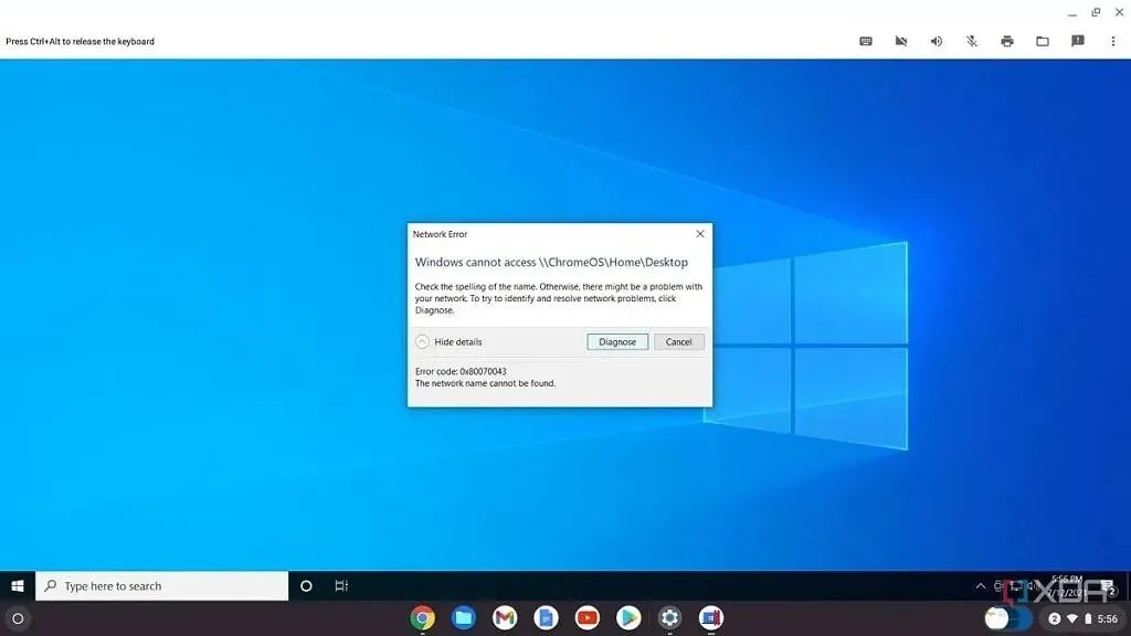 Giao diện Parallels Desktop trên ChromeOS hiển thị mã lỗi