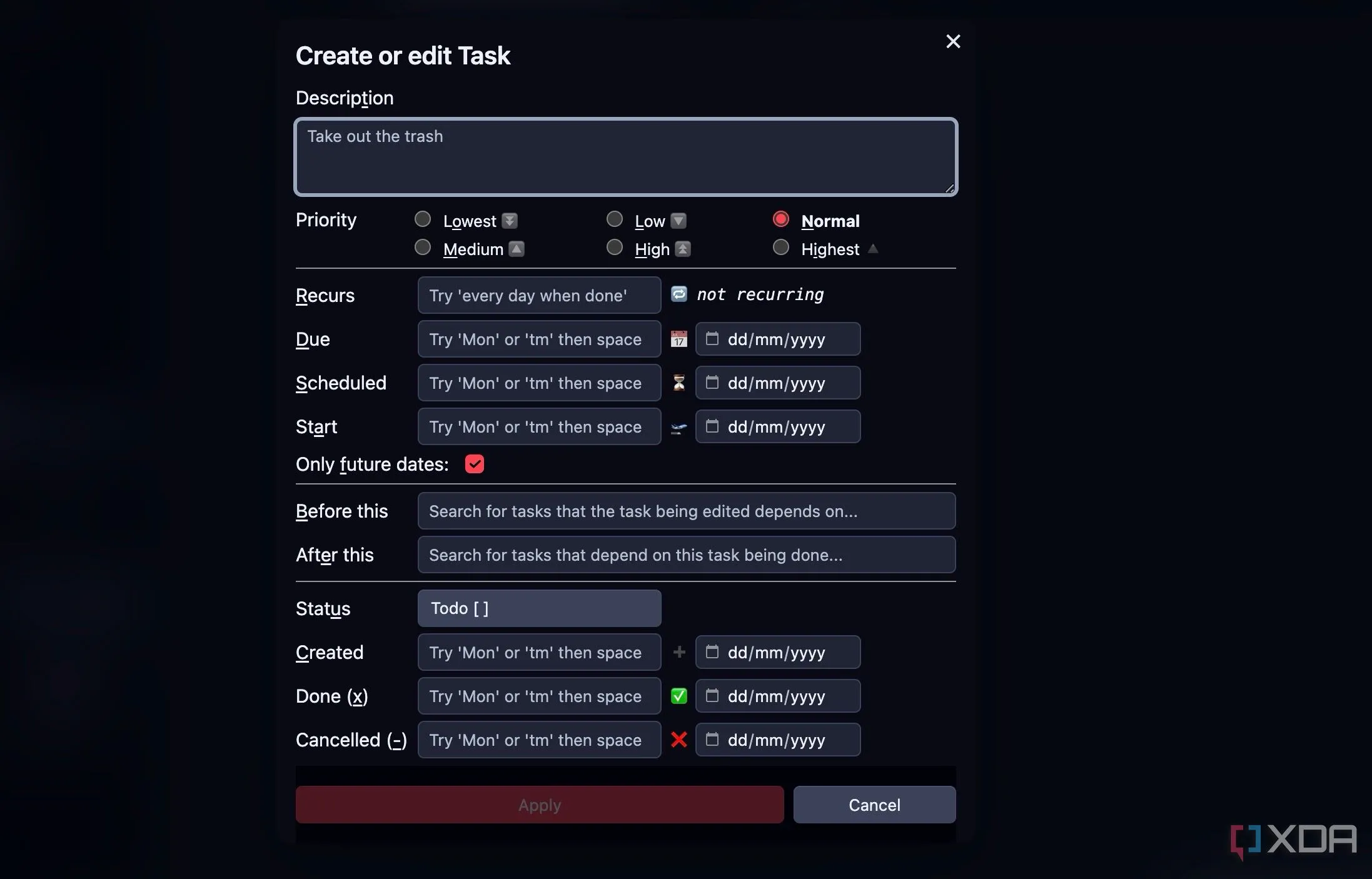 Giao diện plugin Tasks trong Obsidian hiển thị danh sách công việc với các thuộc tính nâng cao.