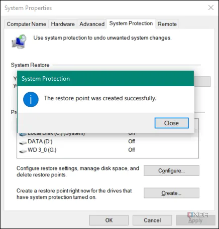 Giao diện &quot;System Protection&quot; trên Windows, hiển thị tùy chọn &quot;Create&quot; để tạo điểm khôi phục hệ thống thủ công
