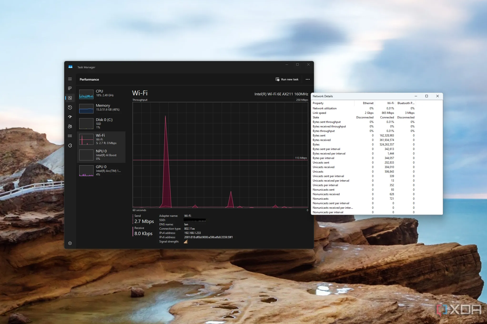 Giao diện Task Manager hiển thị biểu đồ sử dụng mạng và cửa sổ Chi tiết mạng với thông tin cụ thể