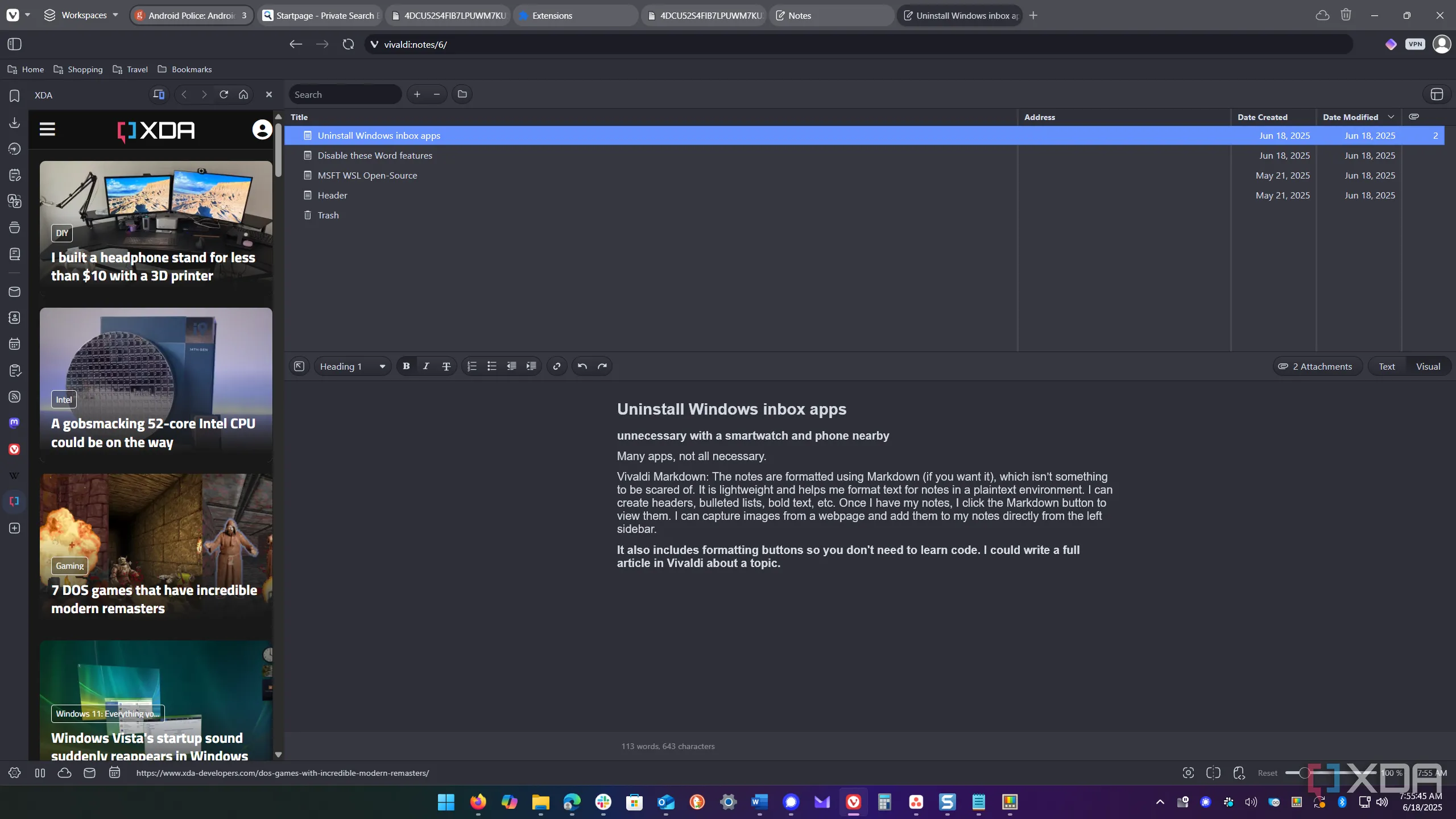 Giao diện tính năng Ghi chú (Notes) của Vivaldi với cửa sổ soạn thảo Markdown