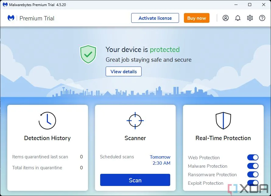 Giao diện trang chủ của phần mềm Malwarebytes, một lựa chọn thay thế Microsoft Defender