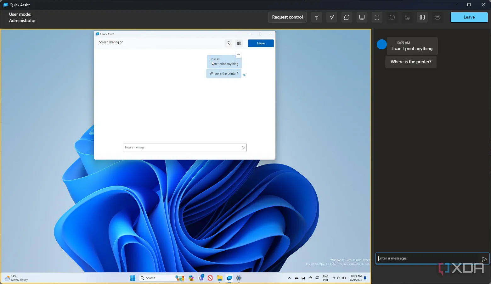 Giao diện ứng dụng Quick Assist của Windows, hiển thị khung chat giữa người hỗ trợ và người dùng, giúp giao tiếp dễ dàng trong quá trình hỗ trợ kỹ thuật từ xa.