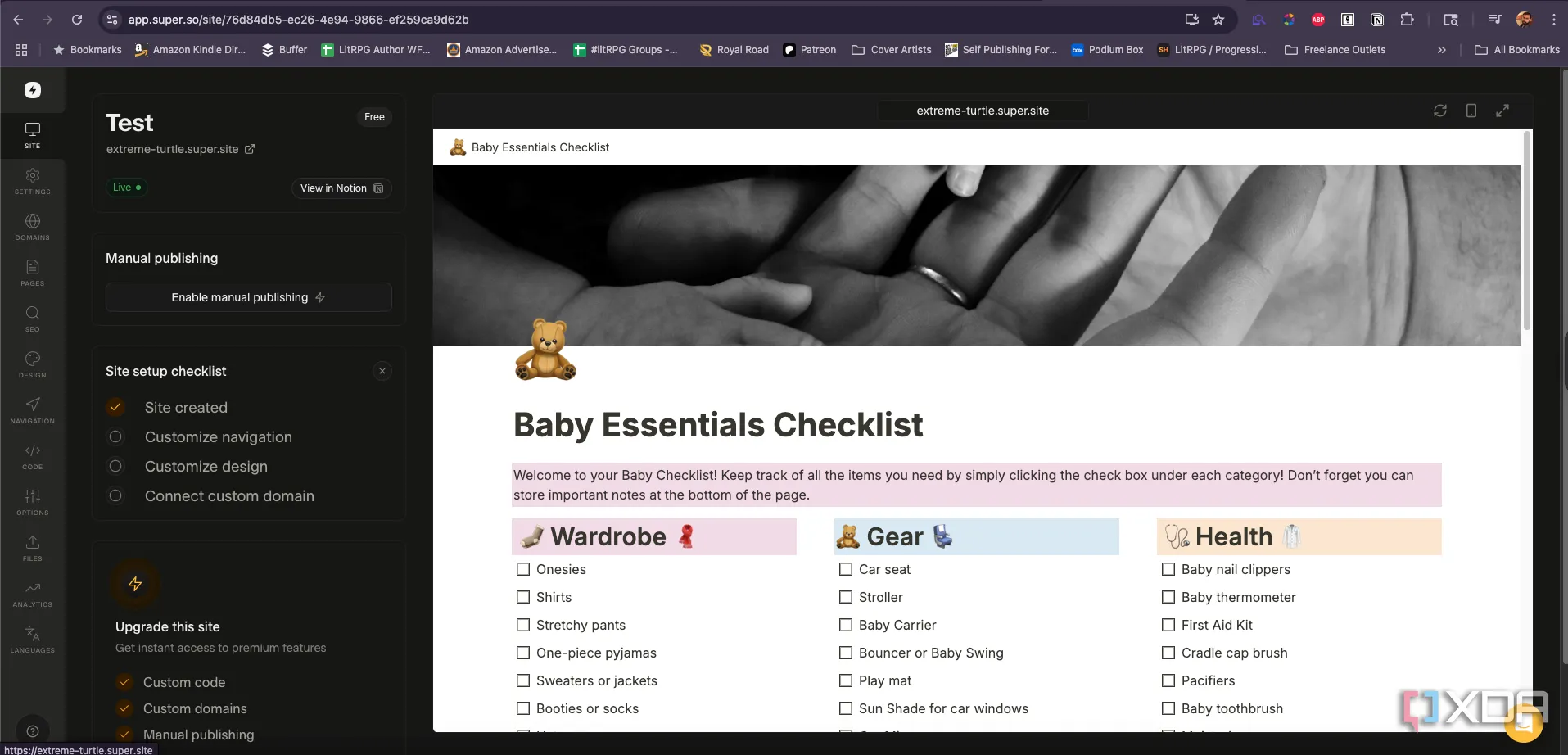 Giao diện website được tạo từ Notion bằng công cụ Super.so, hiển thị bố cục trang và menu điều hướng