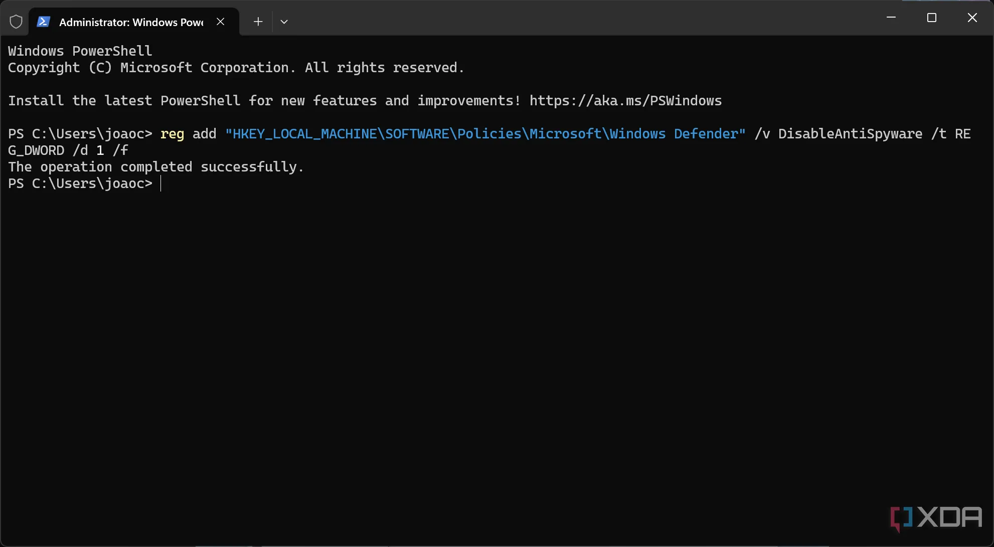 Giao diện Windows Terminal hiển thị lệnh CMD để vô hiệu hóa Microsoft Defender